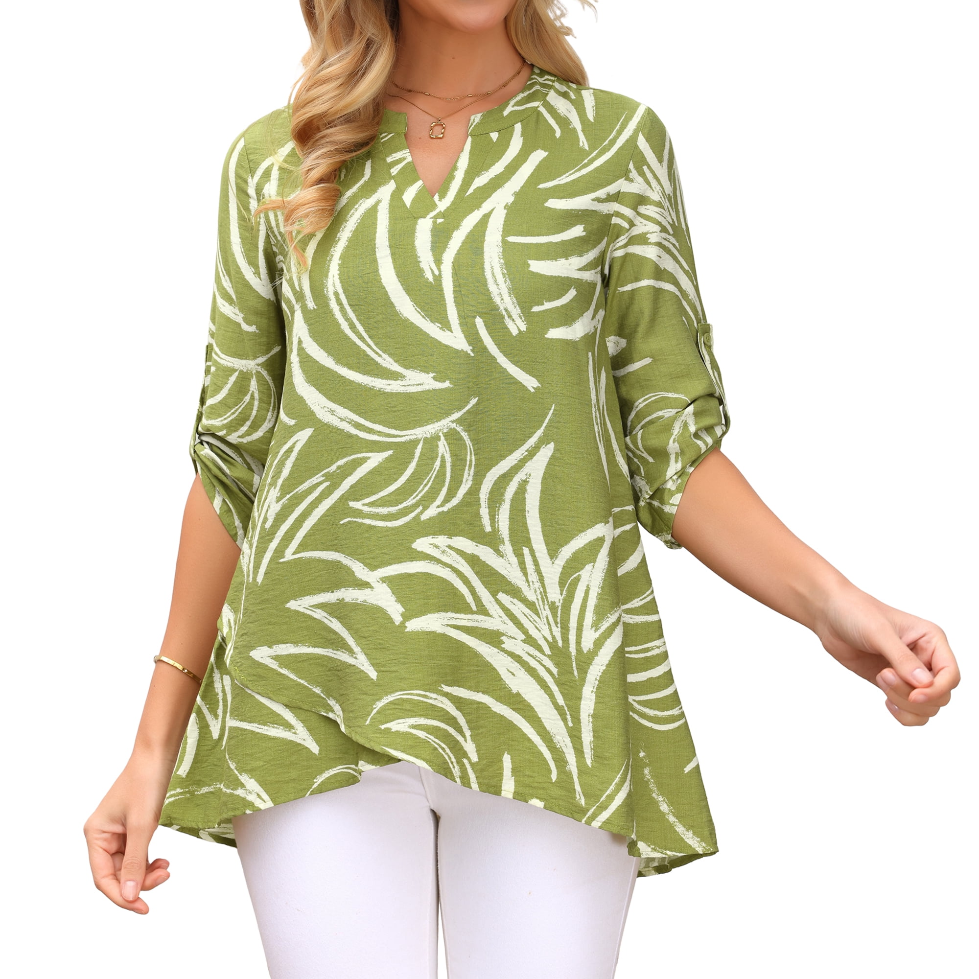 DARING DIVA Women's High Low Floral Print V Neck Roll Up 3/4 Sleeve Tunic Blouse S Green