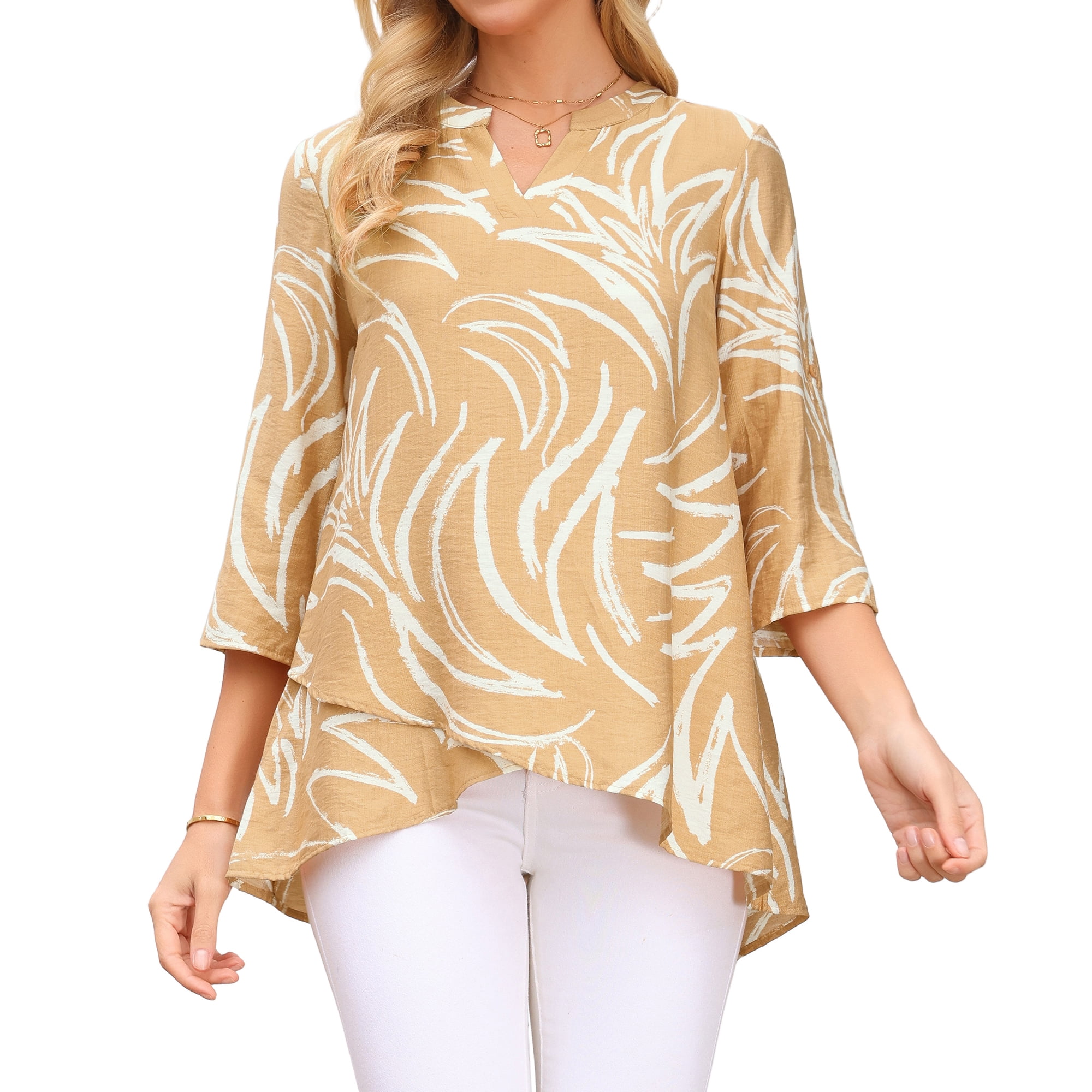 DARING DIVA Women's High Low Floral Print V Neck Roll Up 3/4 Sleeve Tunic Blouse S Khaki