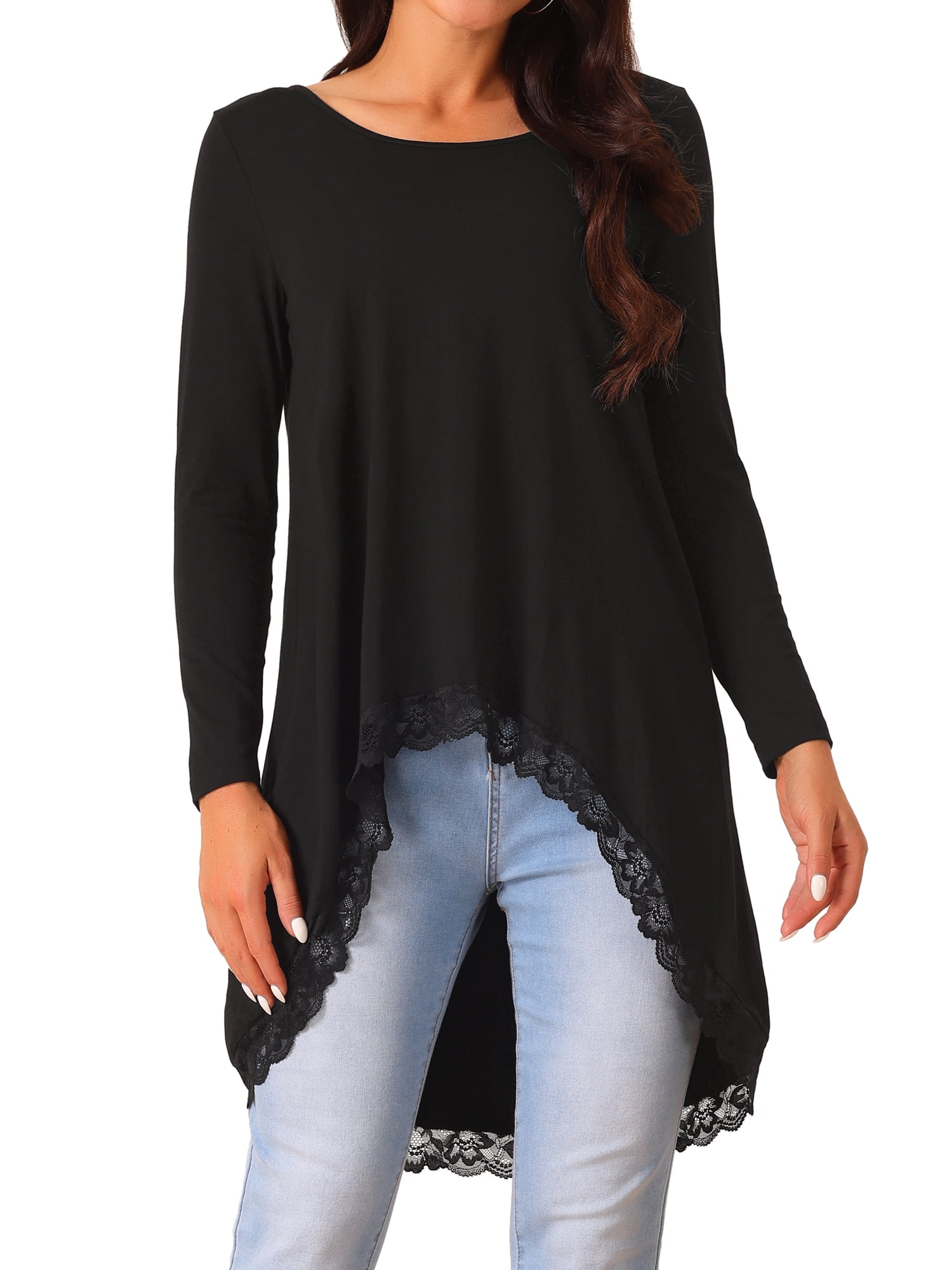 DARING DIVA Women's High Low Hem Lace Trim Flowy Blouses M Black