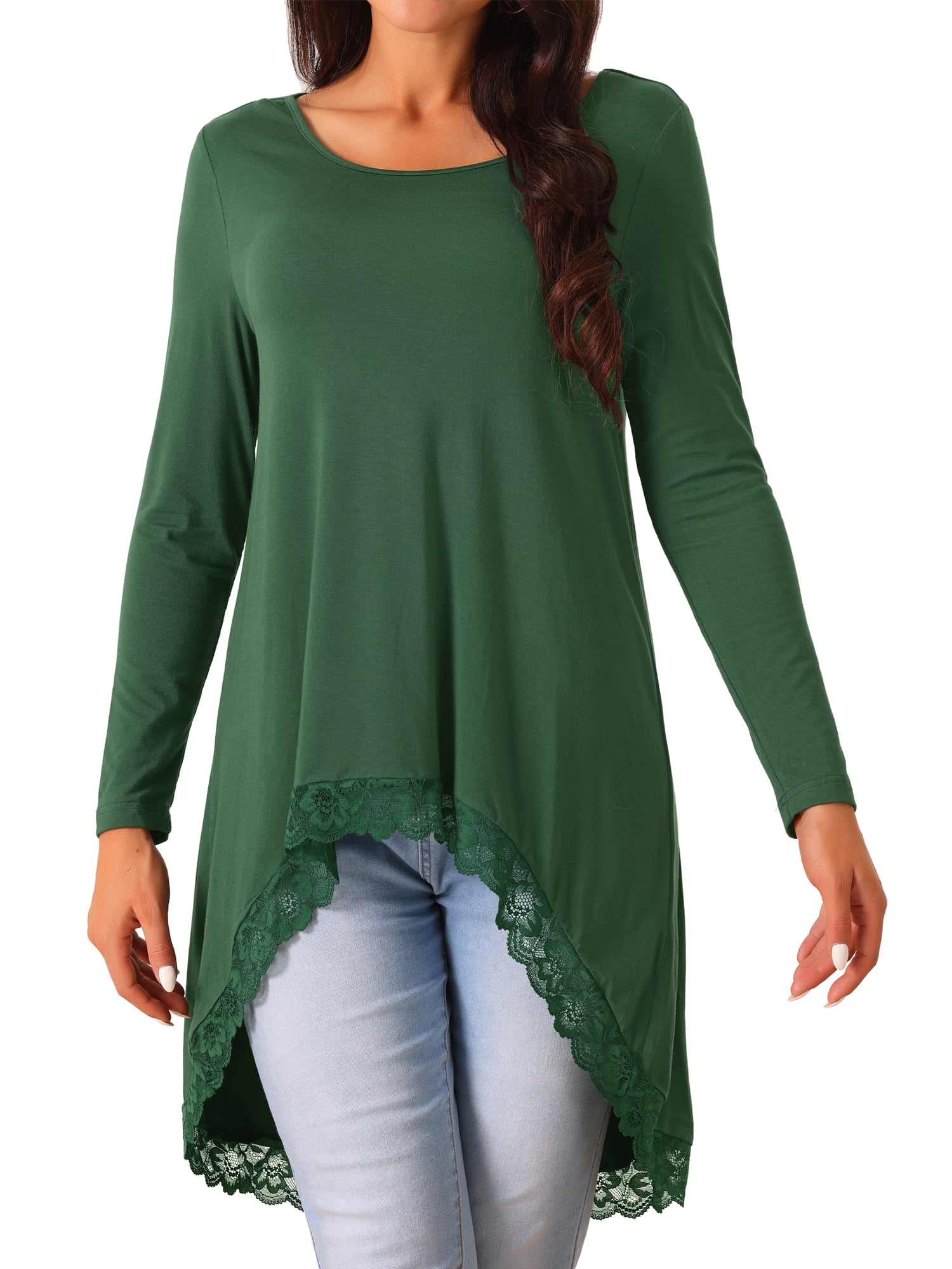 DARING DIVA Women's High Low Hem Lace Trim Flowy Blouses M Deep Green