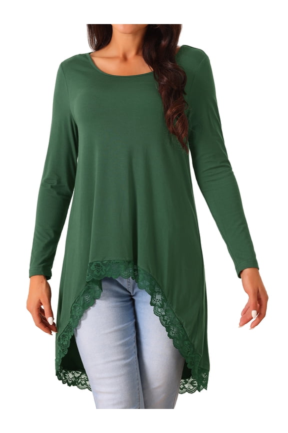 Women's High Low Hem Lace Trim Flowy Blouses XL Deep Green