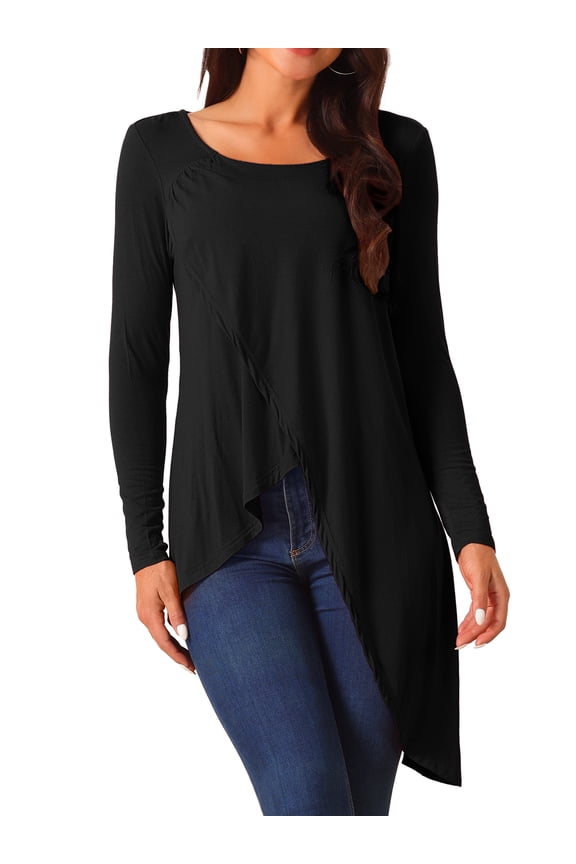 Women's High Low Hem Long Sleeve Blouses L Black