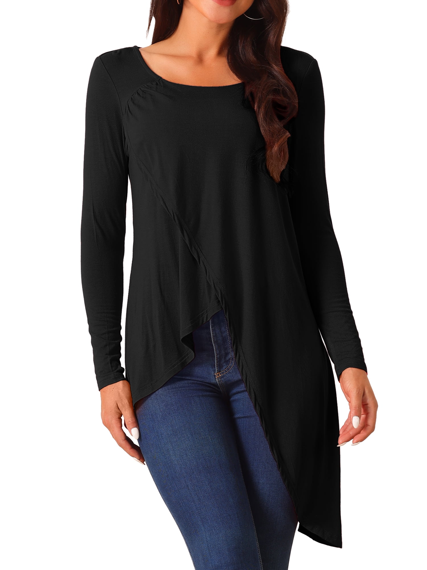 DARING DIVA Women's High Low Hem Long Sleeve Blouses S Black