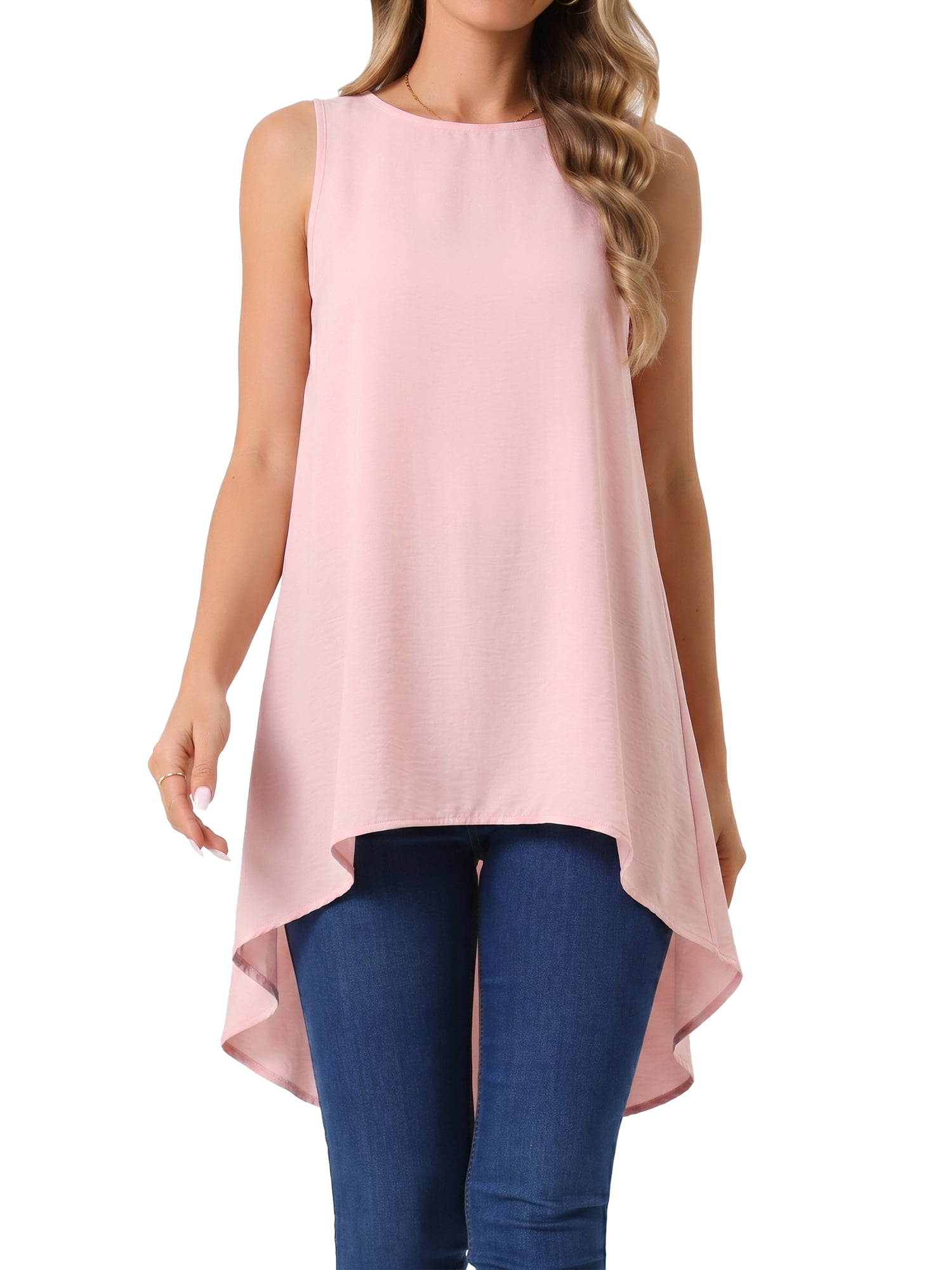 DARING DIVA Women's High Low Sleeveless Crewneck Asymmetrical Blouse M Pink