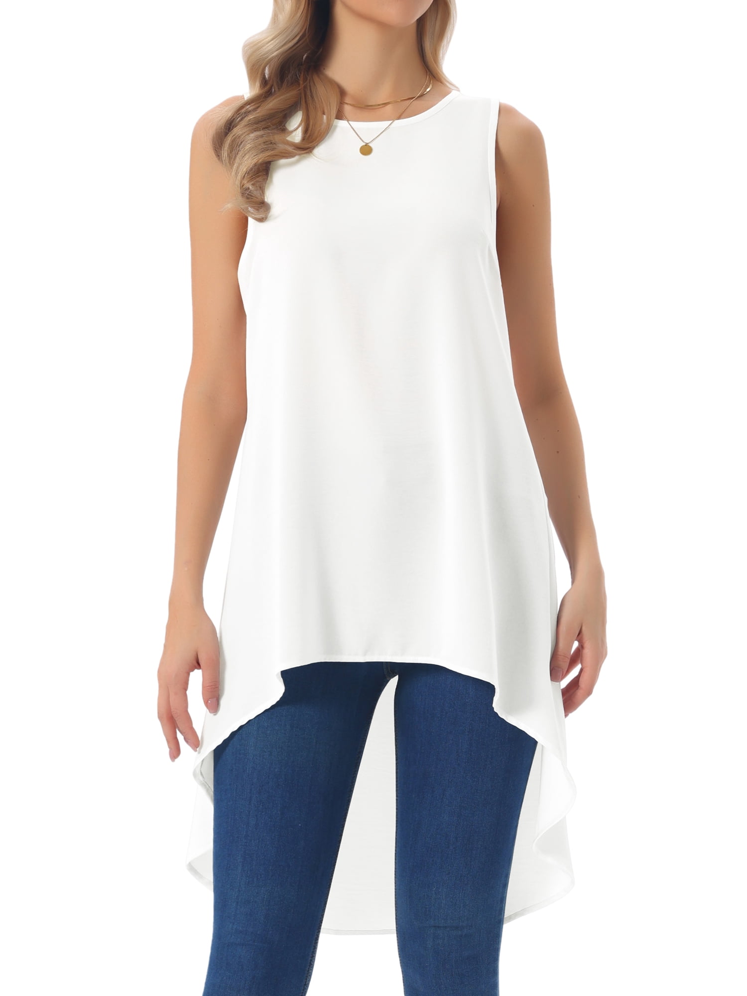 DARING DIVA Women's High Low Sleeveless Crewneck Asymmetrical Blouse M White