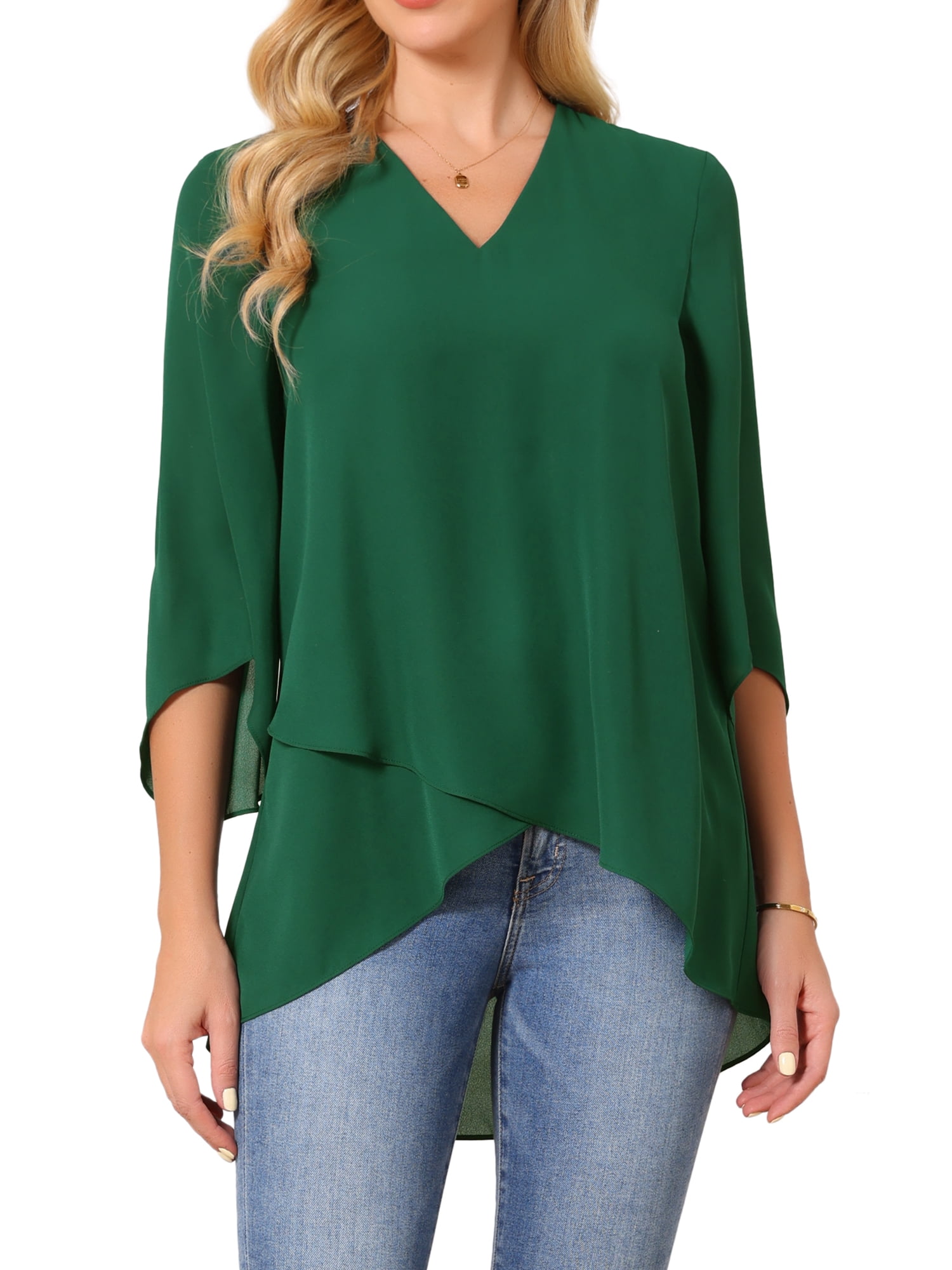 DARING DIVA Women's High Low Tops 3/4 Bell Sleeve V Neck Chiffon Blouse L Dark Green
