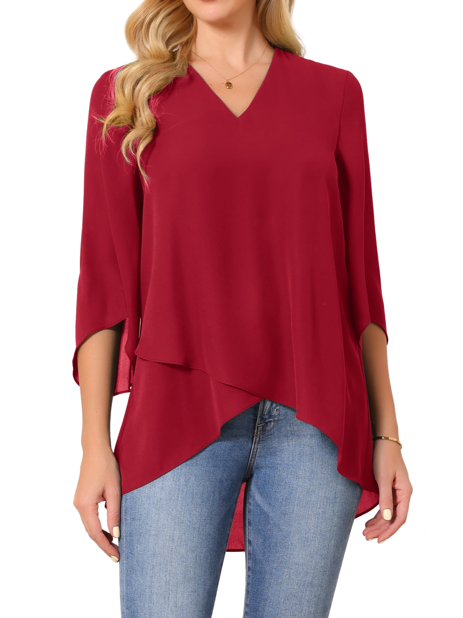 DARING DIVA Women's High Low Tops 3/4 Bell Sleeve V Neck Chiffon Blouse S Red