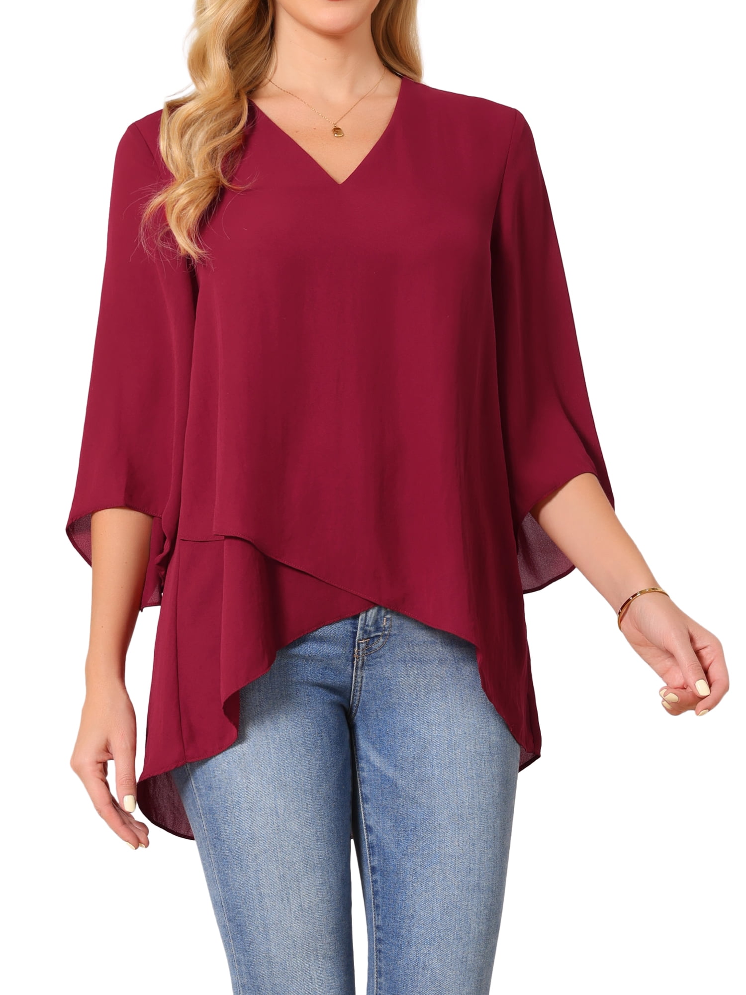 DARING DIVA Women's High Low Tops 3/4 Bell Sleeve V Neck Chiffon Blouse S Wine Red