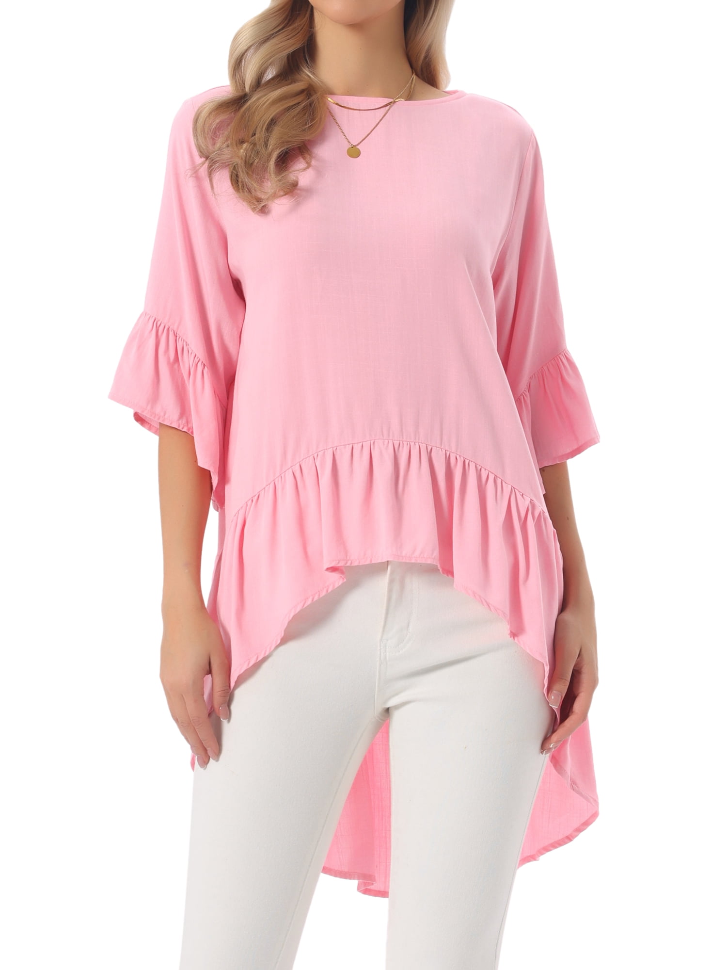 DARING DIVA Women's High Low Tops Bell Sleeve Crewneck Ruffle Blouse 2XL Pink