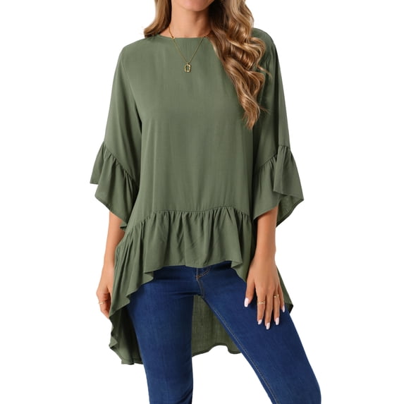DARING DIVA Women's High Low Tops Bell Sleeve Crewneck Ruffle Blouse S Army Green