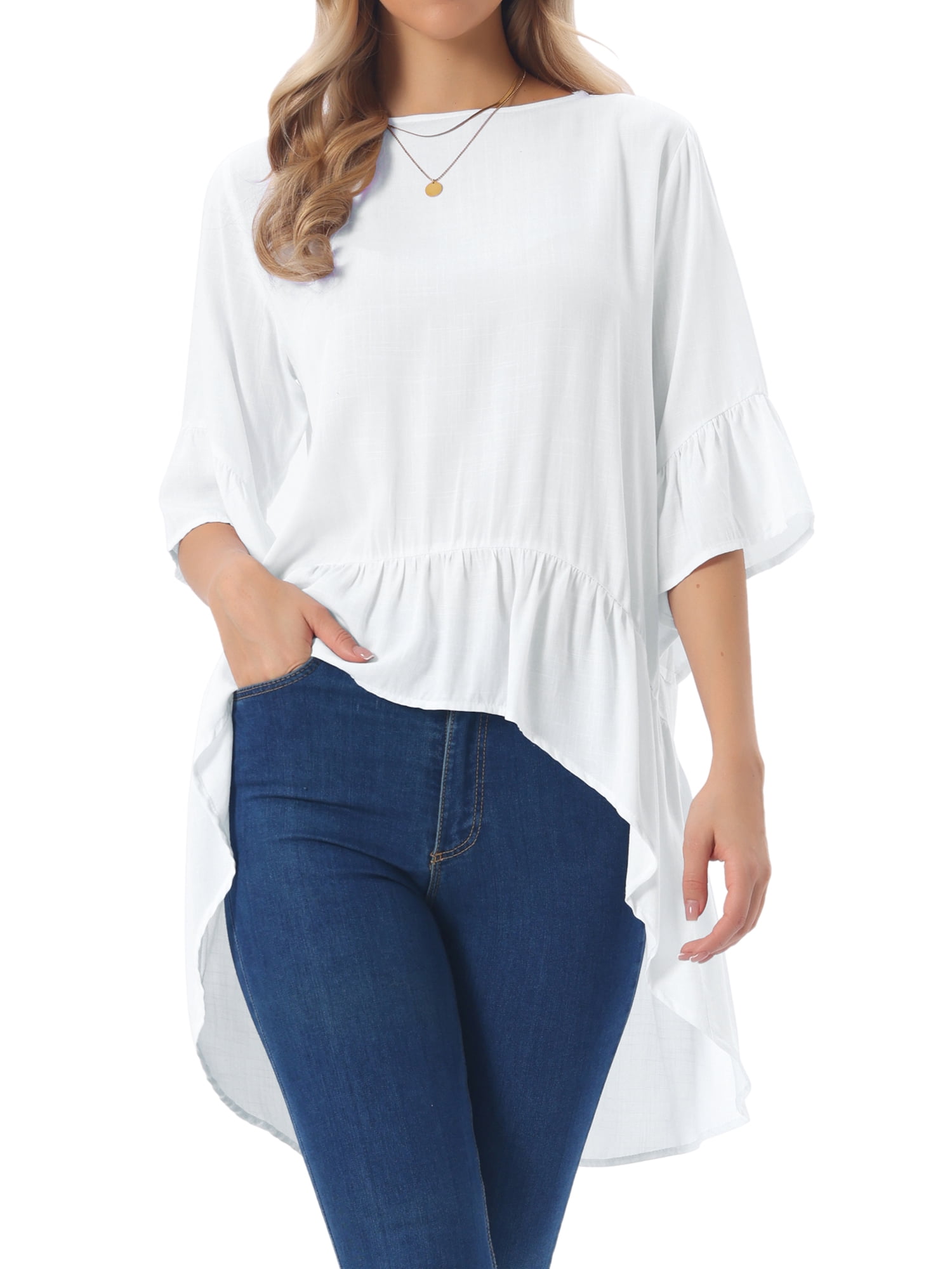 DARING DIVA Women's High Low Tops Bell Sleeve Crewneck Ruffle Blouse S White