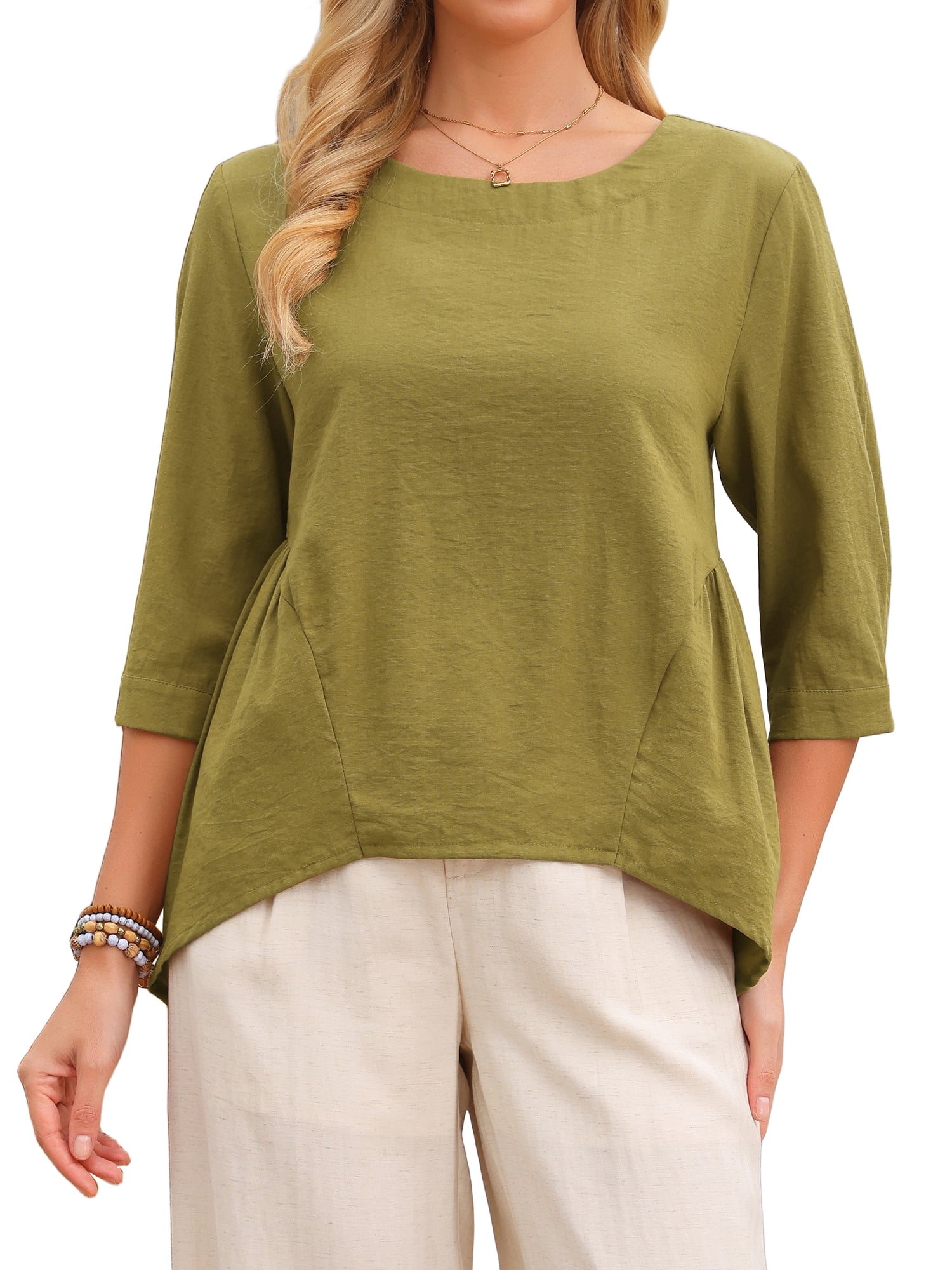 DARING DIVA Women's High Low Tops with 3/4 Sleeve Crewneck Tunic Blouse S Olive Green
