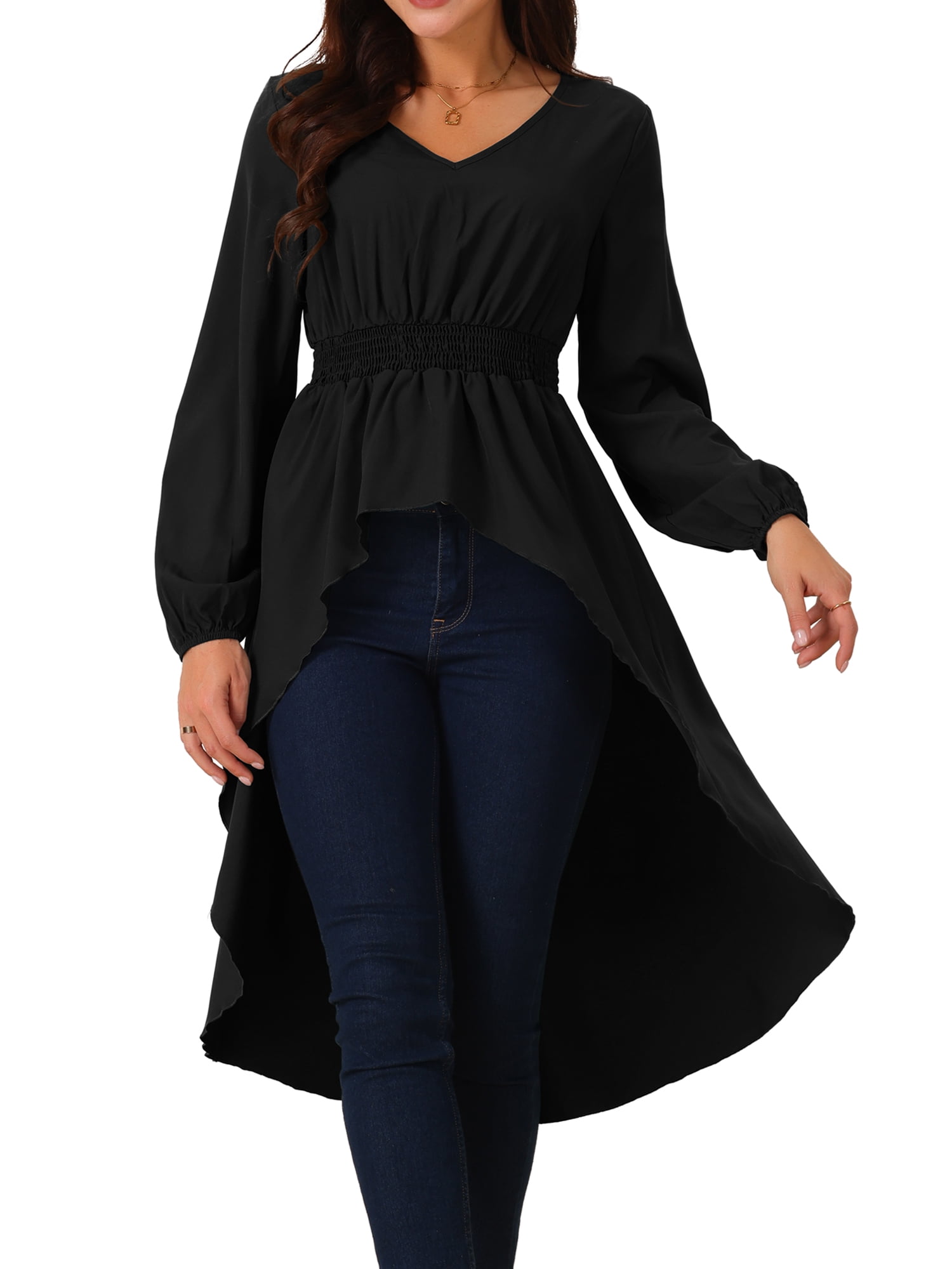 DARING DIVA Women's High Low V Neck Long Sleeve Dressy Blouses M Black
