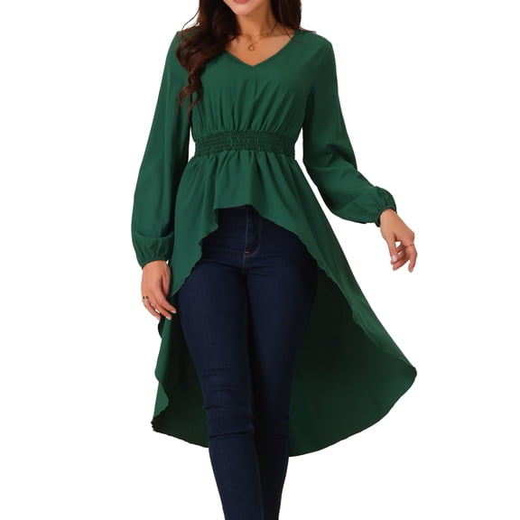 DARING DIVA Women's High Low V Neck Long Sleeve Dressy Blouses M Green