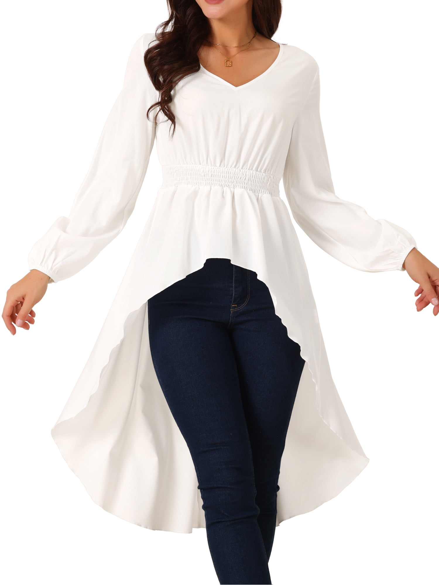 DARING DIVA Women's High Low V Neck Long Sleeve Dressy Blouses S White