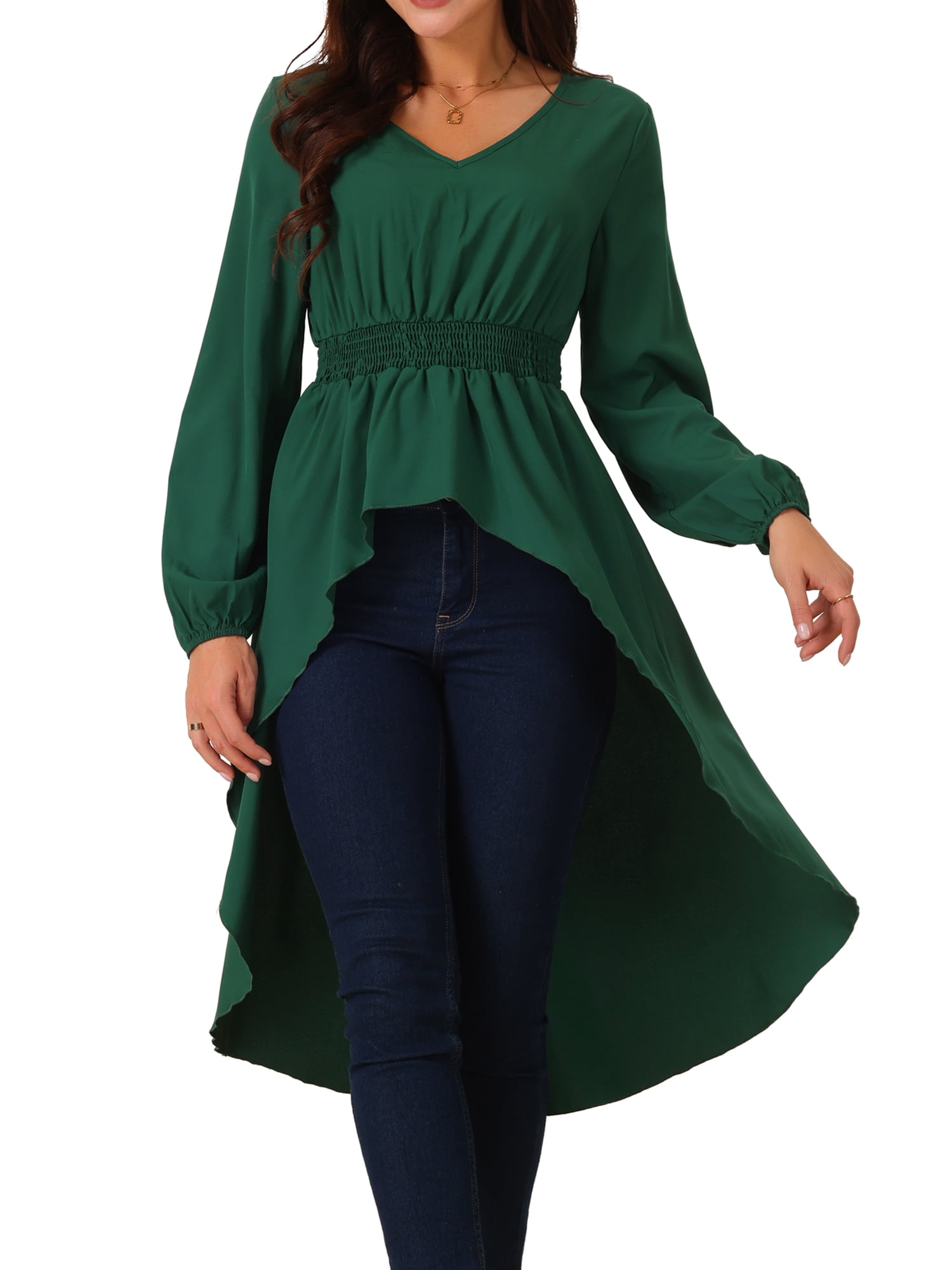 DARING DIVA Women's High Low V Neck Long Sleeve Dressy Blouses XL Green