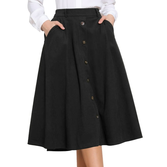 DARING DIVA Women's High Waist A Line Midi Casual Work Skirts with Pockets L Black