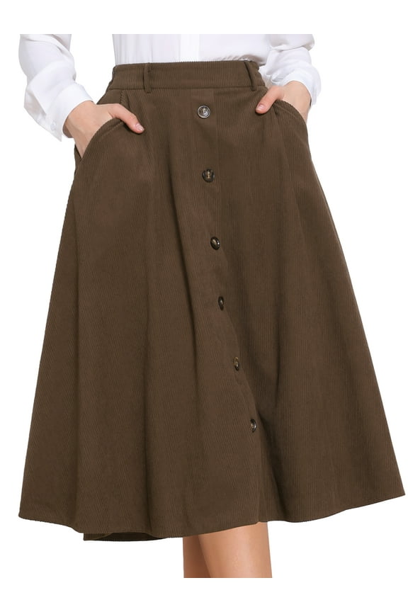 Women's High Waist A Line Midi Casual Work Skirts with Pockets XS Brown