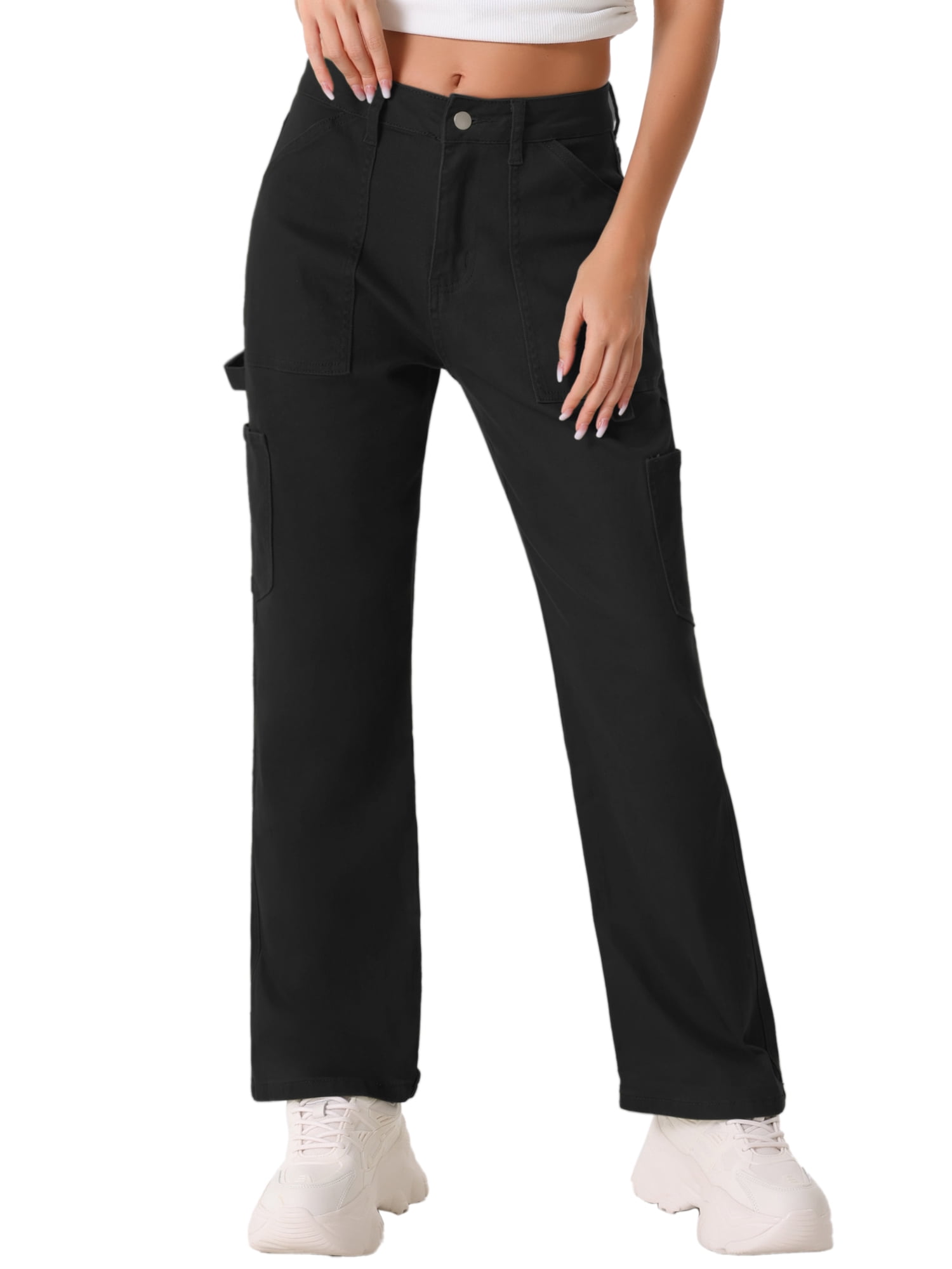 DARING DIVA Women's High Waist Baggy Y2K Street Cargo Pants with Pockets L Black