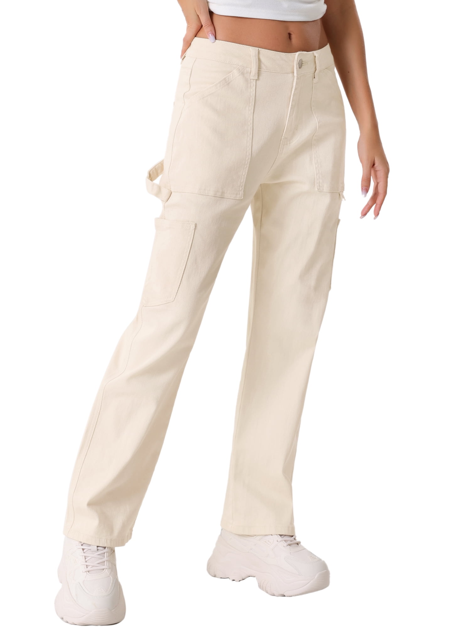 DARING DIVA Women's High Waist Baggy Y2K Street Cargo Pants with Pockets M Beige