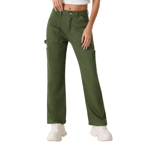 DARING DIVA Women's High Waist Baggy Y2K Street Cargo Pants with Pockets M Dark Green