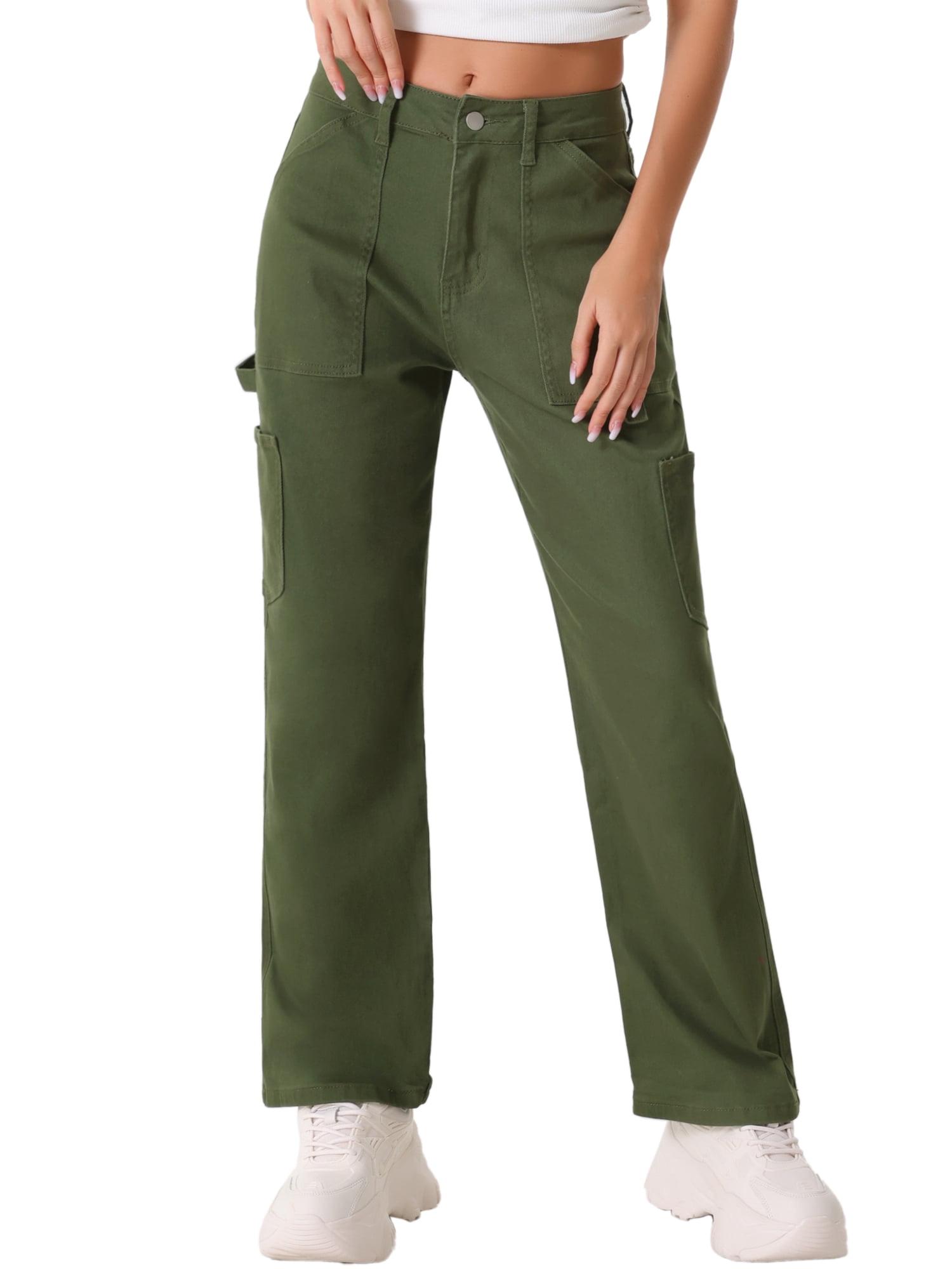 DARING DIVA Women's High Waist Baggy Y2K Street Cargo Pants with Pockets S Dark Green