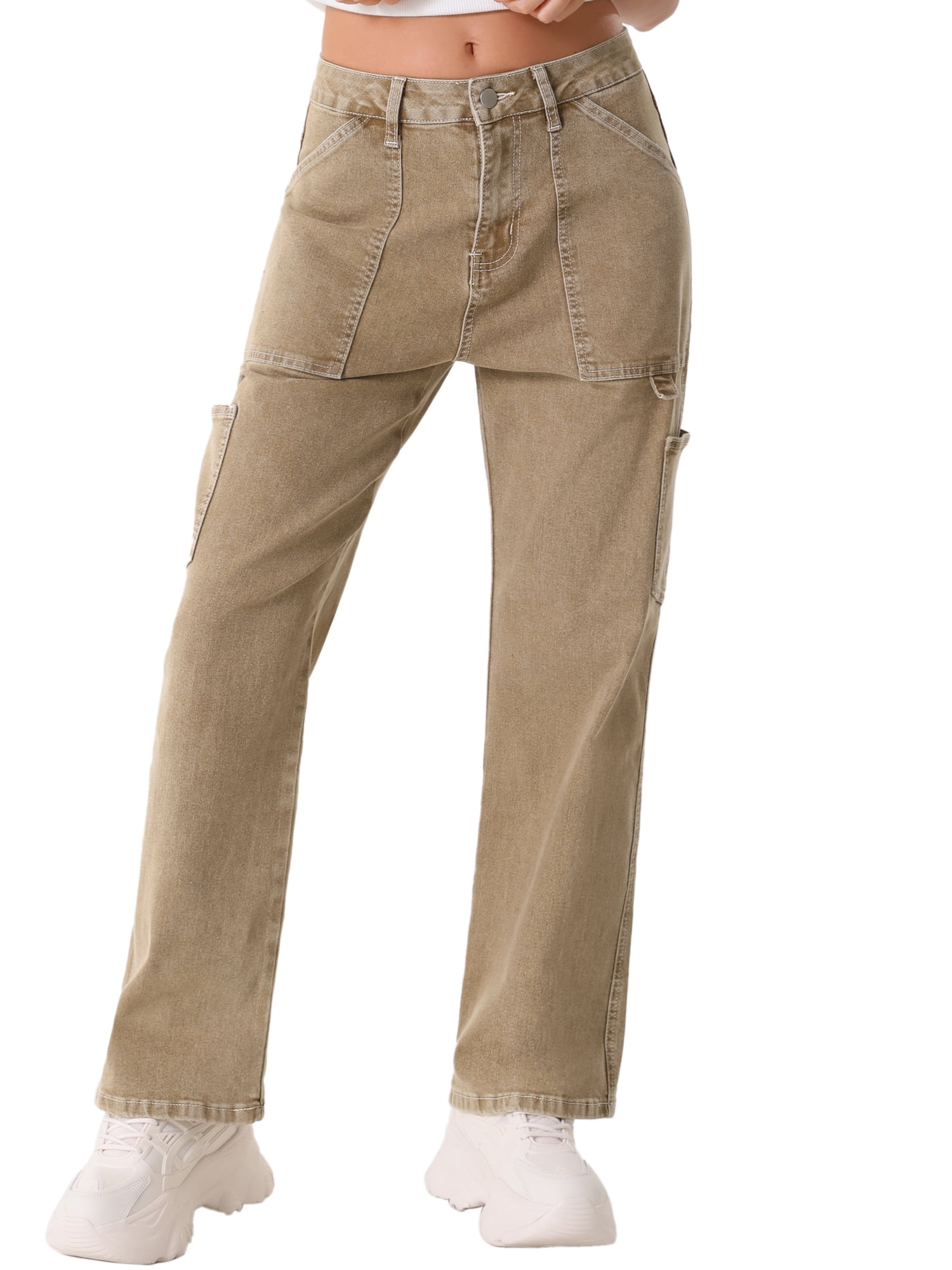 DARING DIVA Women's High Waist Baggy Y2K Street Cargo Pants with Pockets XS Camel