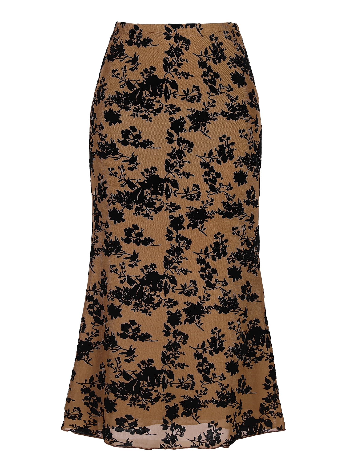 DARING DIVA Women's High Waist Bodycon Mesh Fishtail Midi Skirts L Brown
