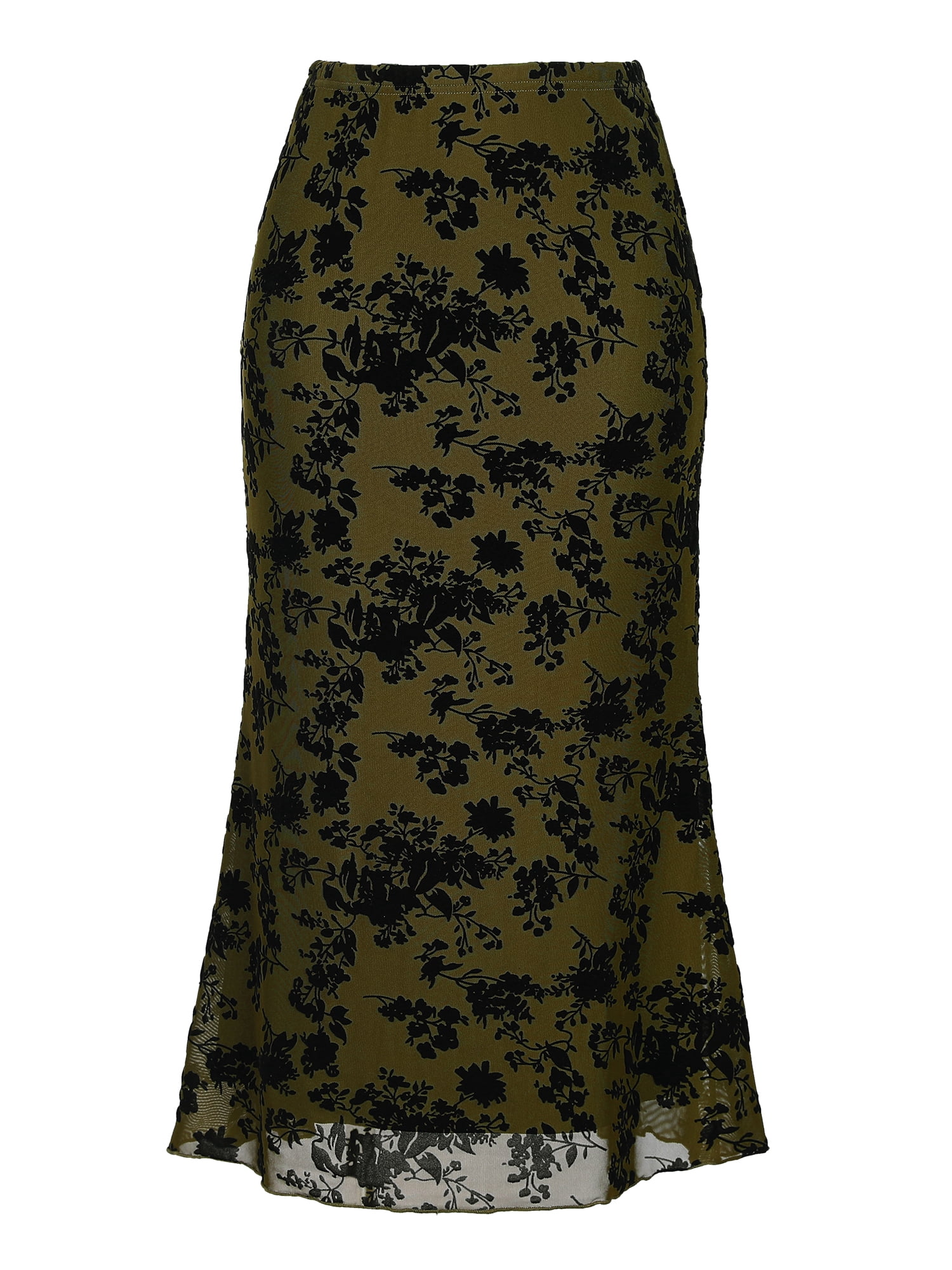 DARING DIVA Women's High Waist Bodycon Mesh Fishtail Midi Skirts L Olive Green