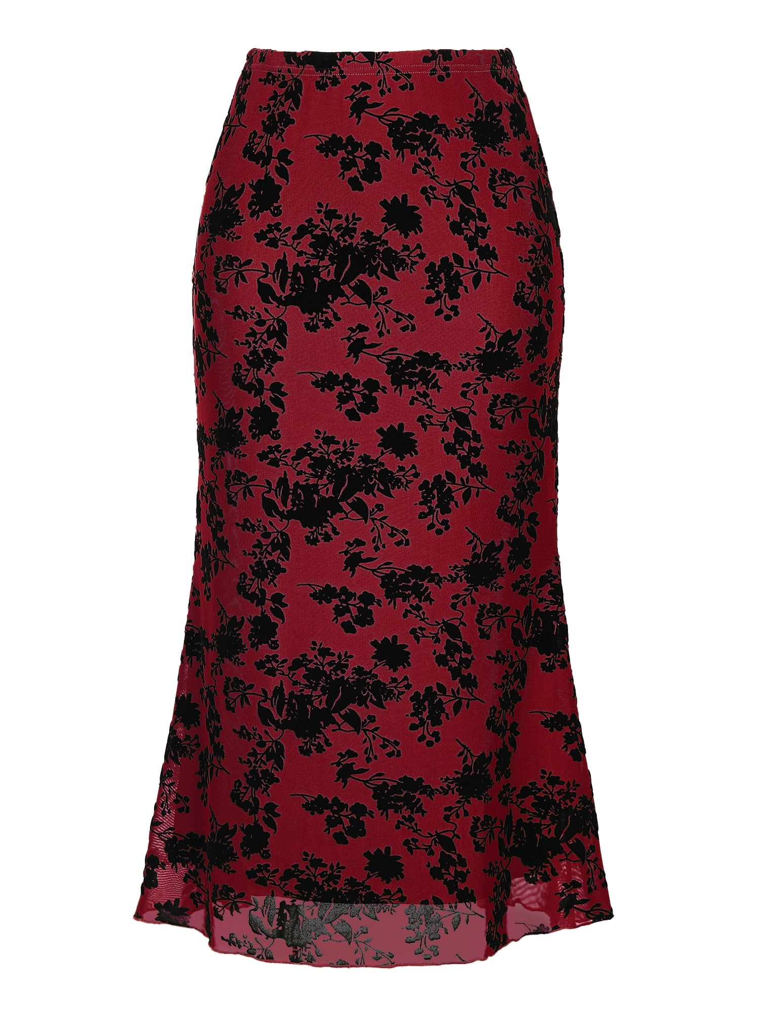 DARING DIVA Women's High Waist Bodycon Mesh Fishtail Midi Skirts Large Red