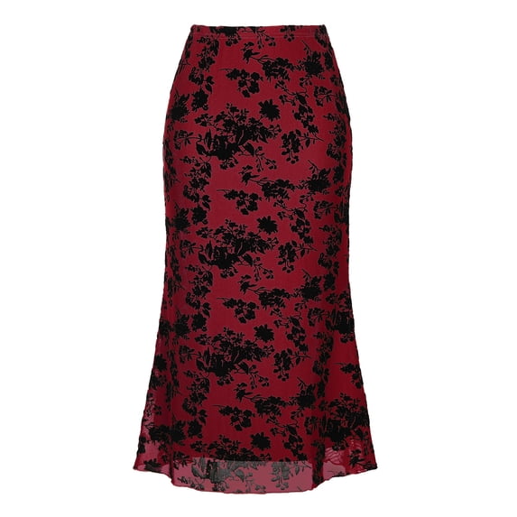 DARING DIVA Women's High Waist Bodycon Mesh Fishtail Midi Skirts Large Red