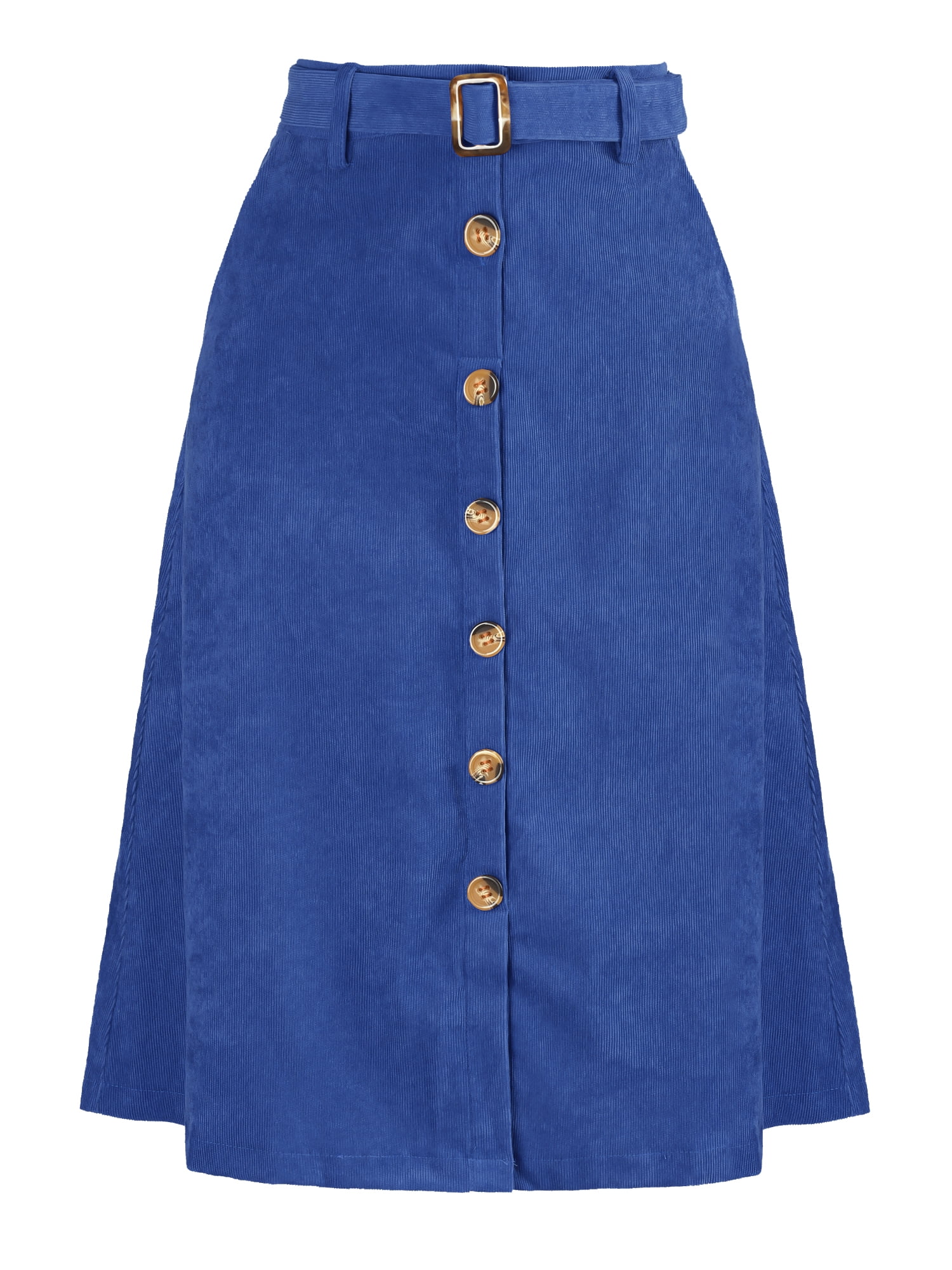 DARING DIVA Women's High Waist Button Front A-Line Belted Corduroy Skirt L Royal Blue