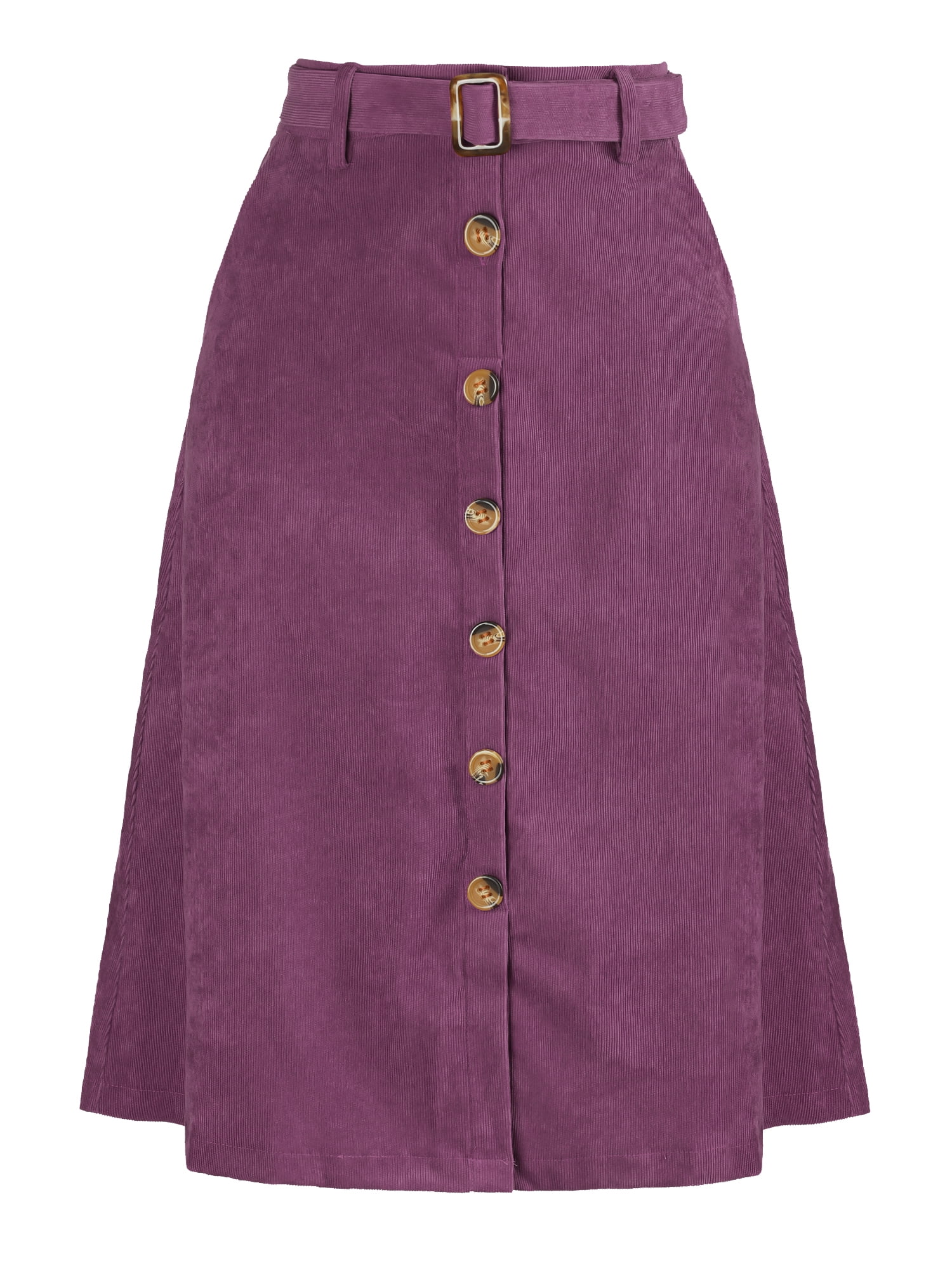 DARING DIVA Women's High Waist Button Front A-Line Belted Corduroy Skirt M Dark Purple