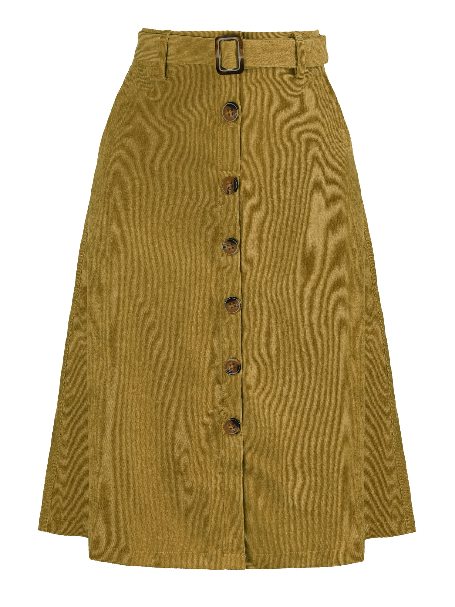 DARING DIVA Women's High Waist Button Front A-Line Belted Corduroy Skirt S Olive Yellow