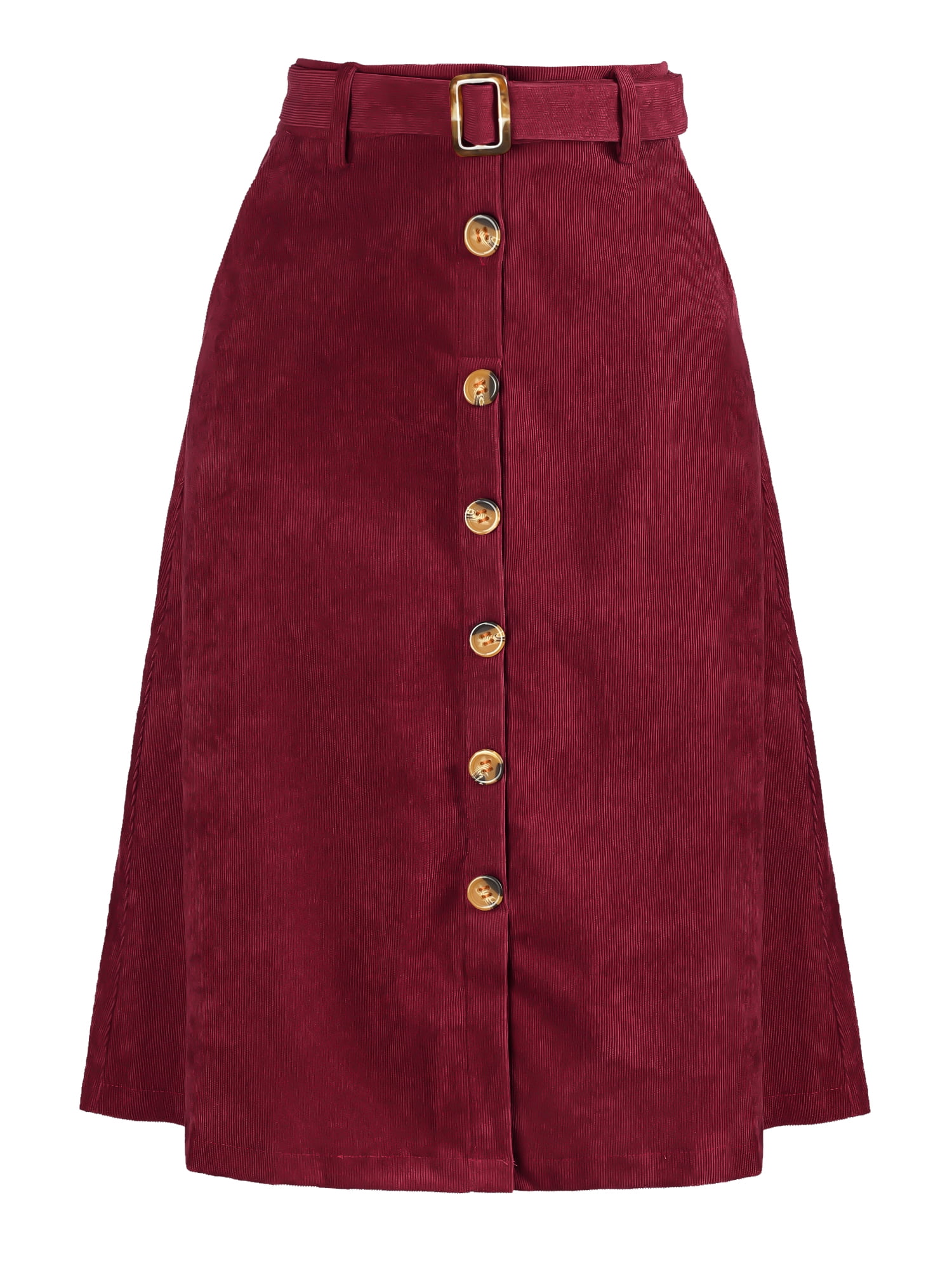 DARING DIVA Women's High Waist Button Front A-Line Belted Corduroy Skirt XL Wine Red