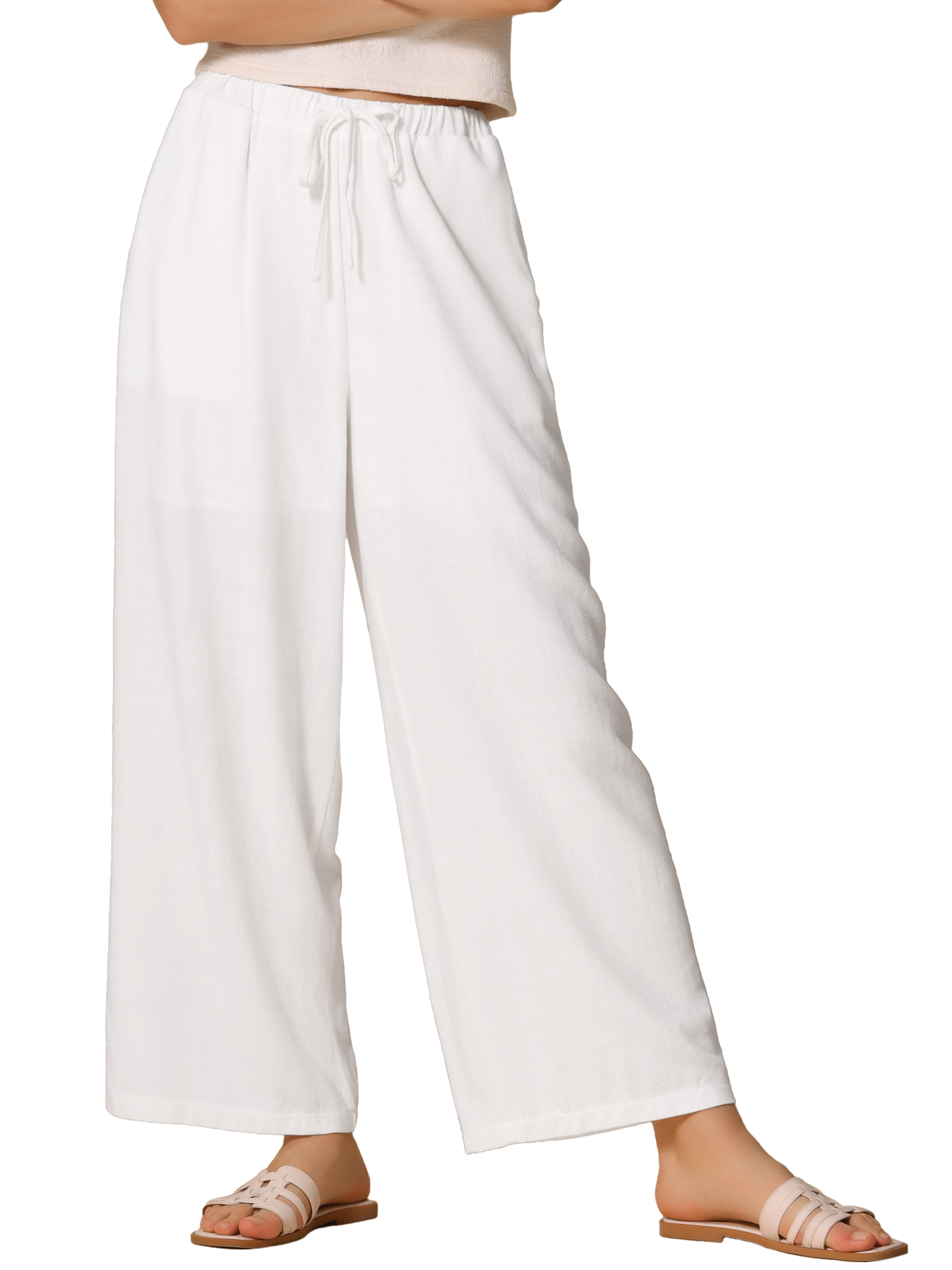 DARING DIVA Women's High Waist Drawstring Palazzo Pants M White