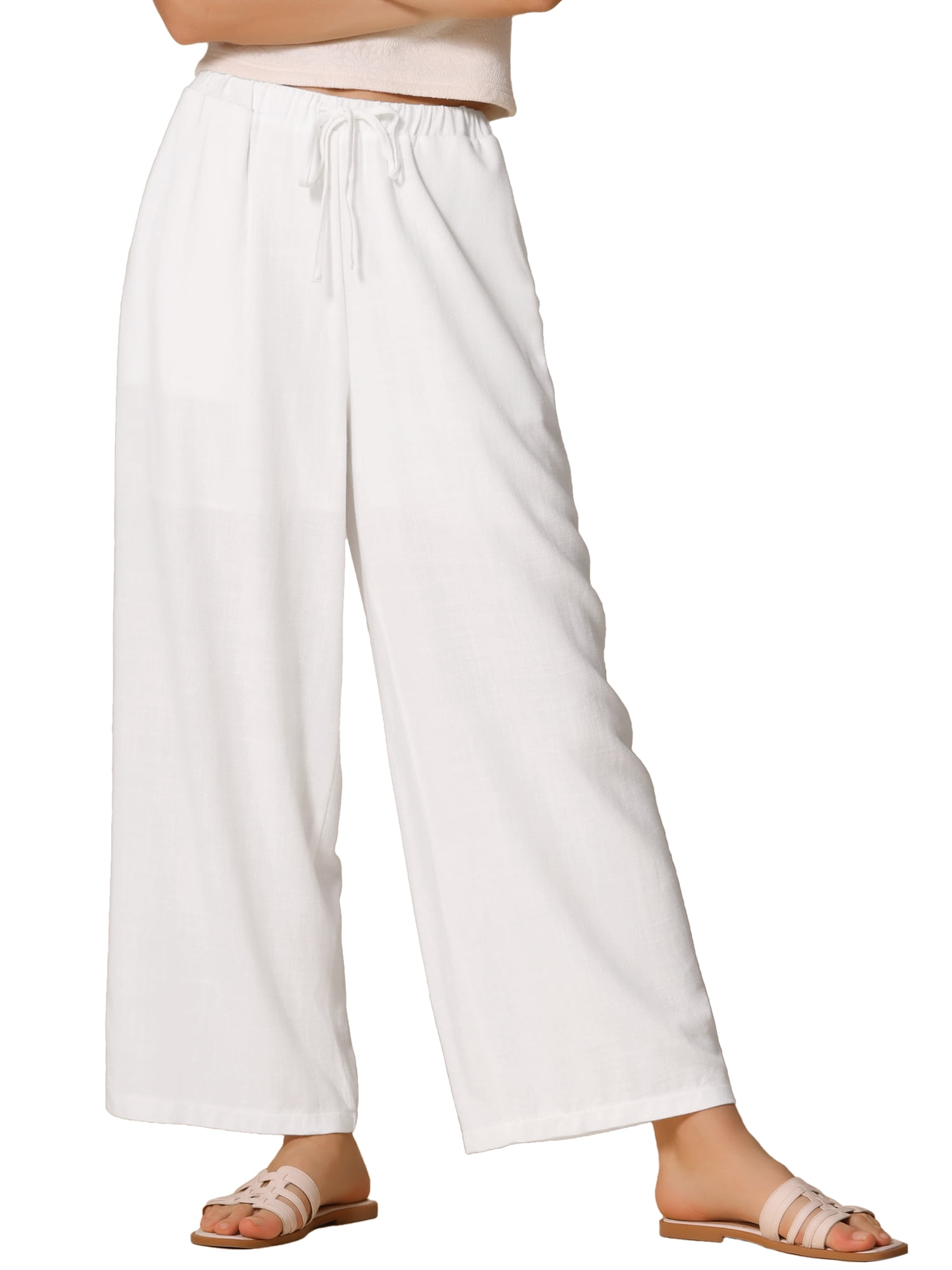 DARING DIVA Women's High Waist Drawstring Palazzo Pants XS White