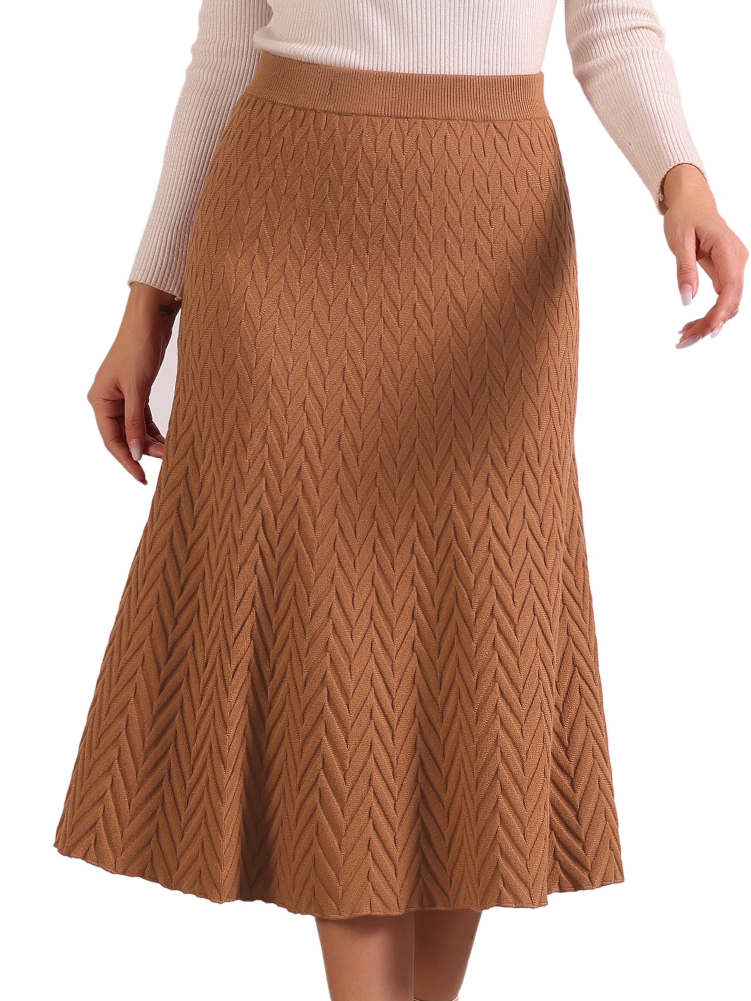 DARING DIVA Women's High Waist Fall Stretchy Fishtail Cable Knit Midi Skirts L Camel