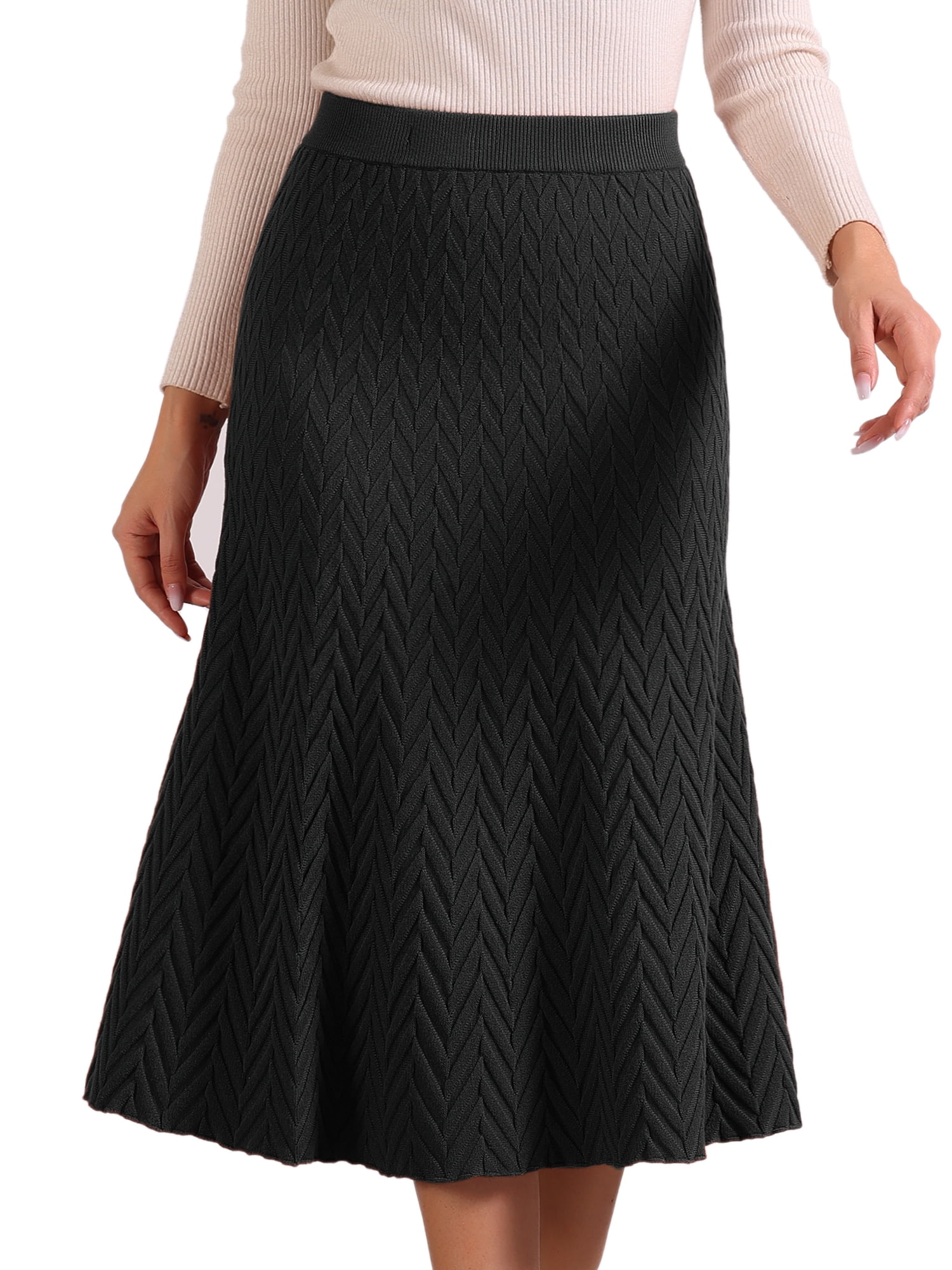 DARING DIVA Women's High Waist Fall Stretchy Fishtail Cable Knit Midi Skirts M Black