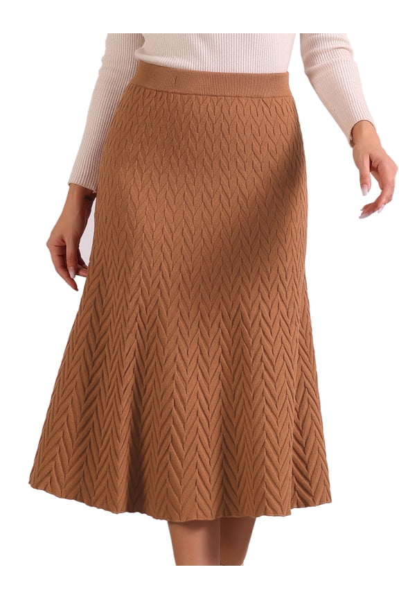 Women's High Waist Fall Stretchy Fishtail Cable Knit Midi Skirts M Camel