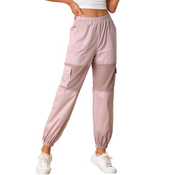 DARING DIVA Women's High Waist Mesh Panel Sheer Baggy Cargo Pants L Pink