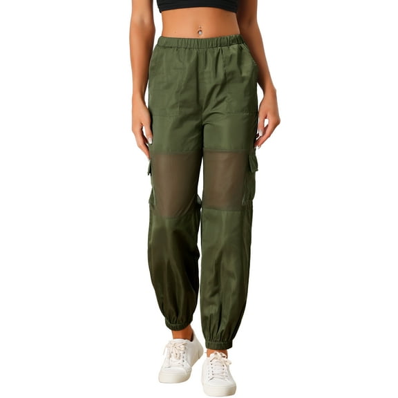 DARING DIVA Women's High Waist Mesh Panel Sheer Baggy Cargo Pants M Army Green