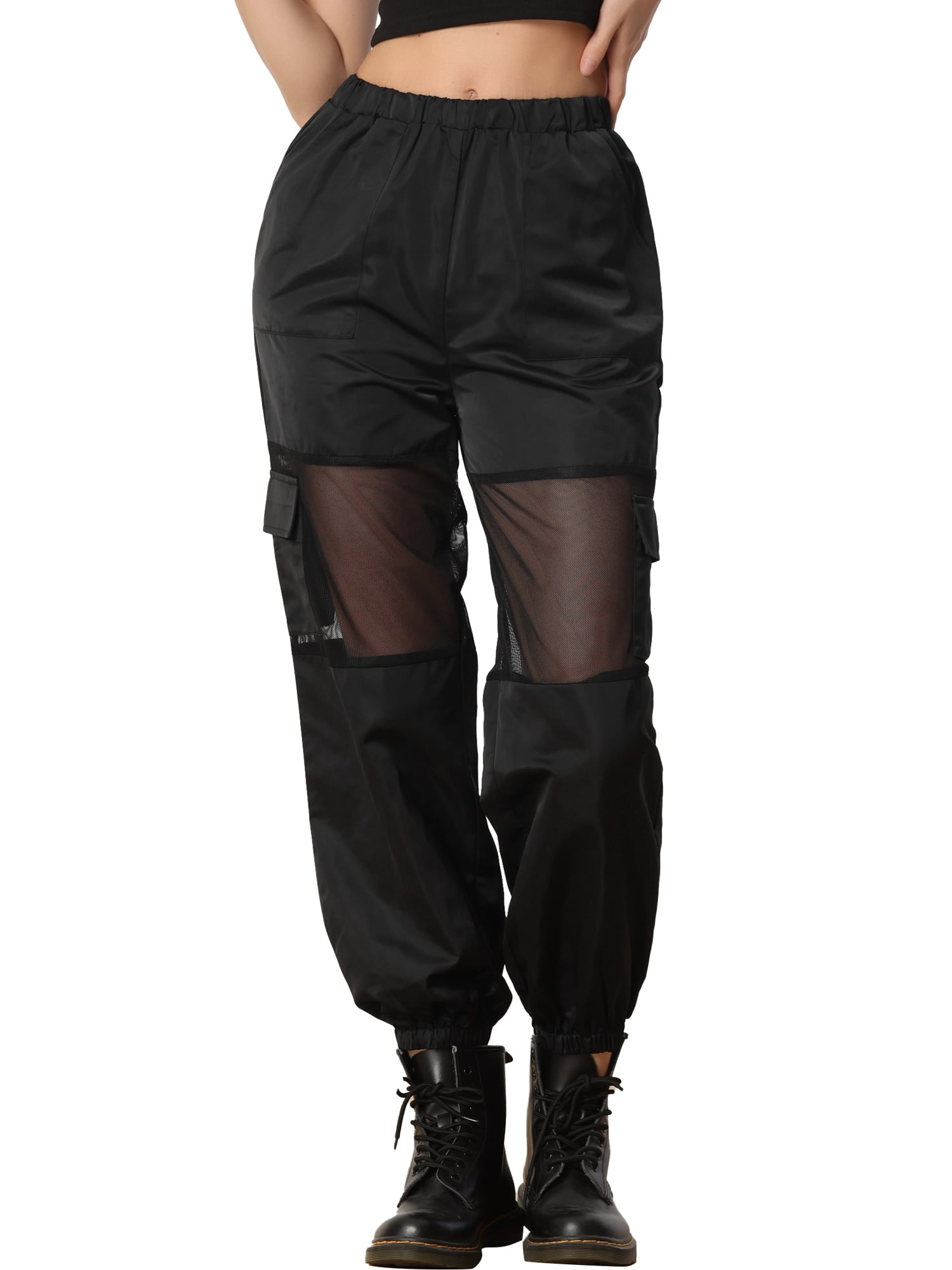 DARING DIVA Women's High Waist Mesh Panel Sheer Baggy Cargo Pants XL Black