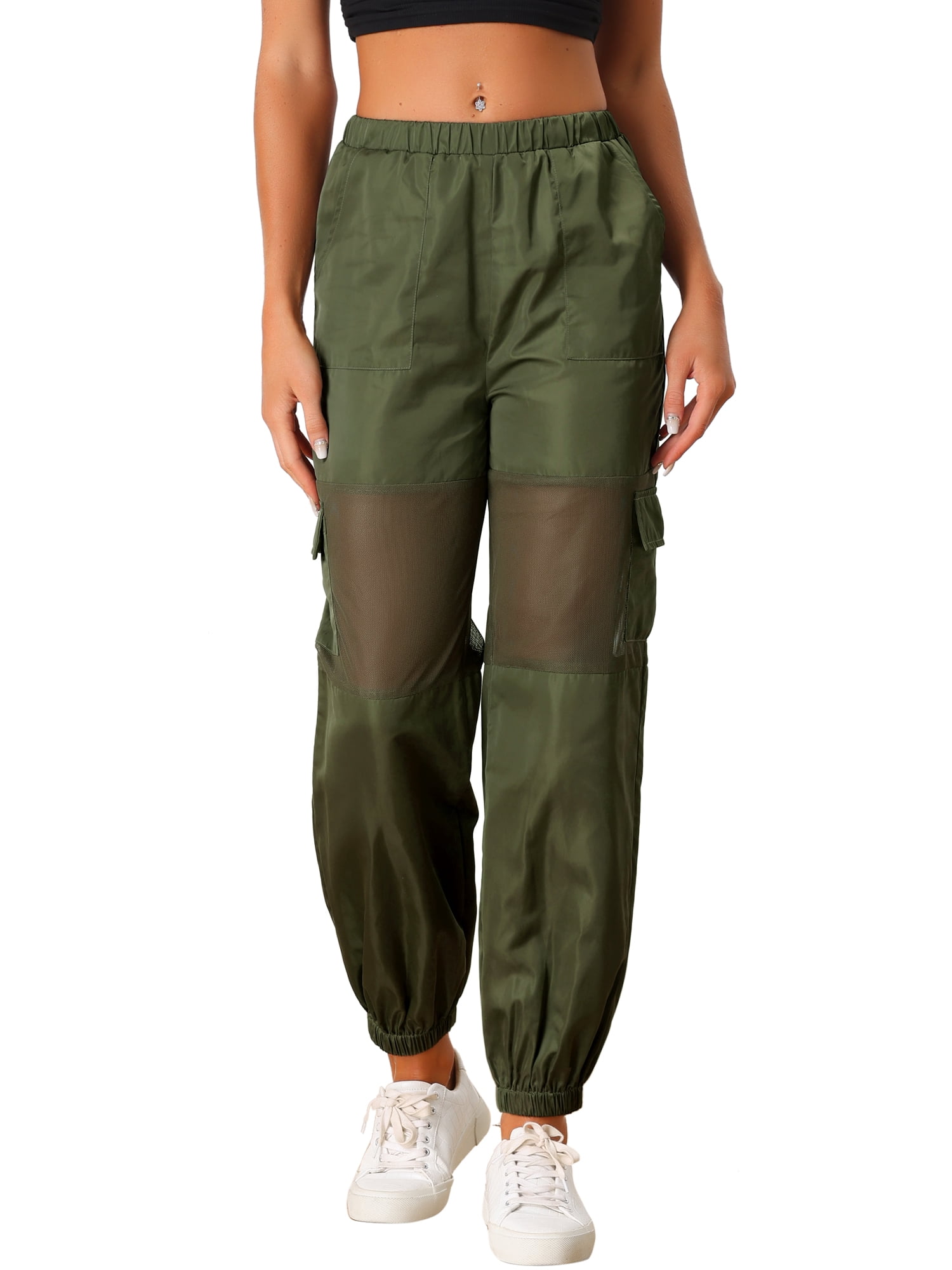 DARING DIVA Women's High Waist Mesh Panel Sheer Baggy Cargo Pants XS Army Green