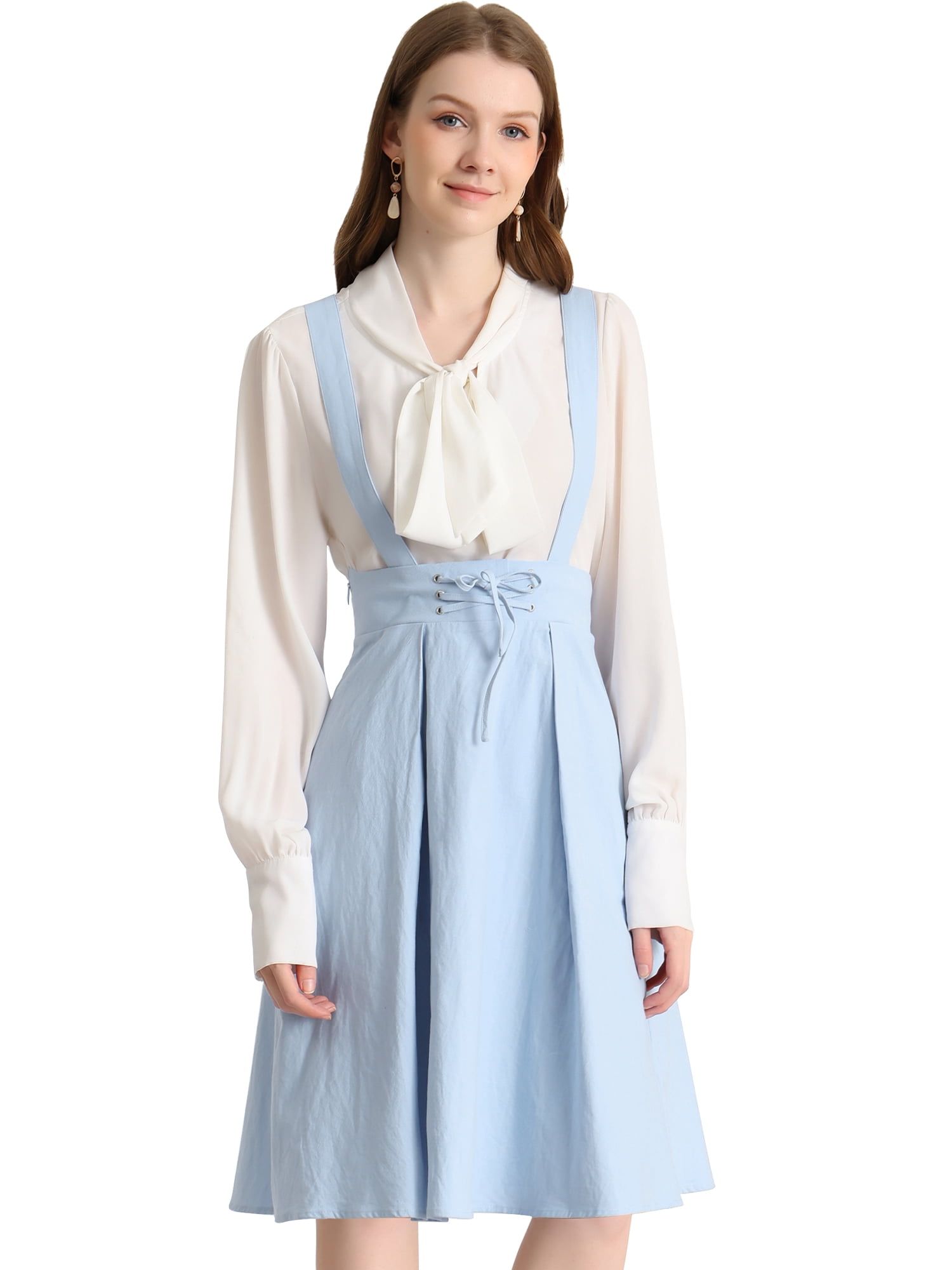 DARING DIVA Women's High Waist Overall Corset Skater Skirt Short Midi Dress L Light Blue