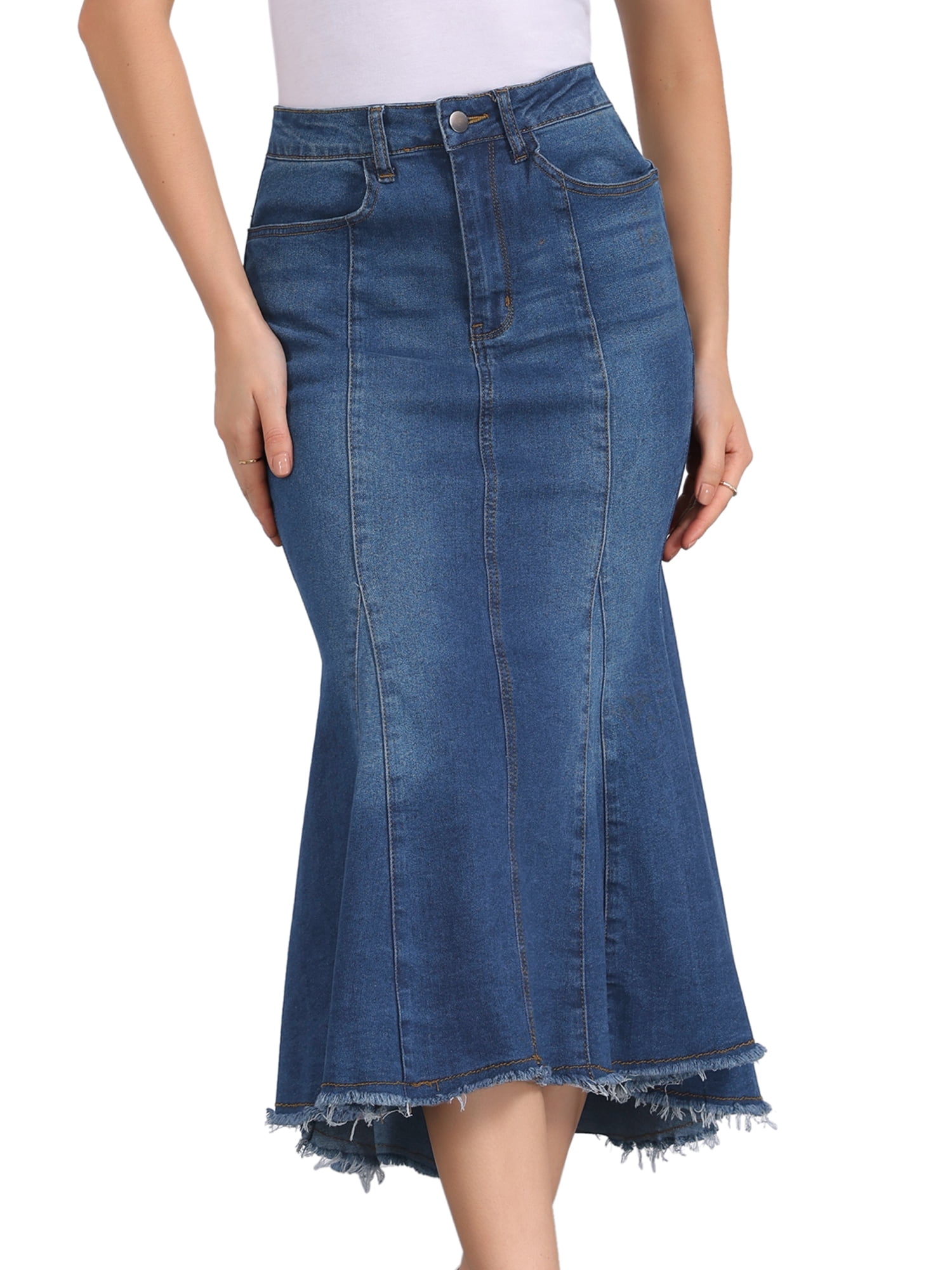 DARING DIVA Women's Raw Hem Fishtail Midi Skirt with Pockets L Deep Blue