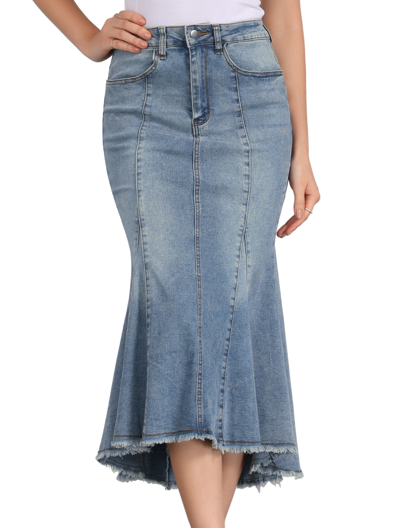 DARING DIVA Women's Raw Hem Fishtail Midi Skirt with Pockets S Grey Blue