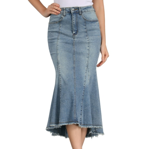 DARING DIVA Women's High Waist Raw Hem Fishtail Midi Skirt with Pockets S Grey Blue