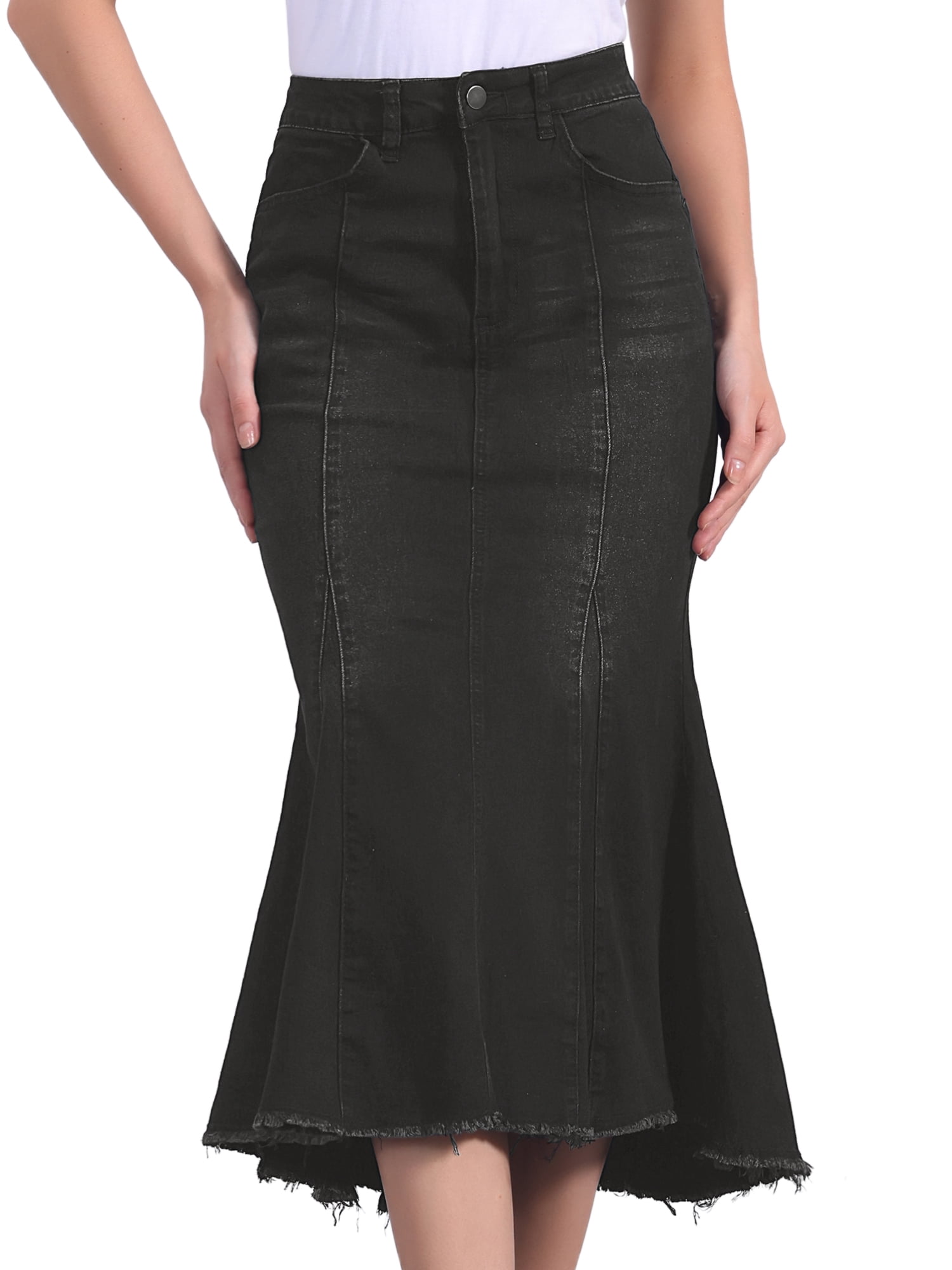 DARING DIVA Women's Raw Hem Fishtail Midi Skirt with Pockets XL Black