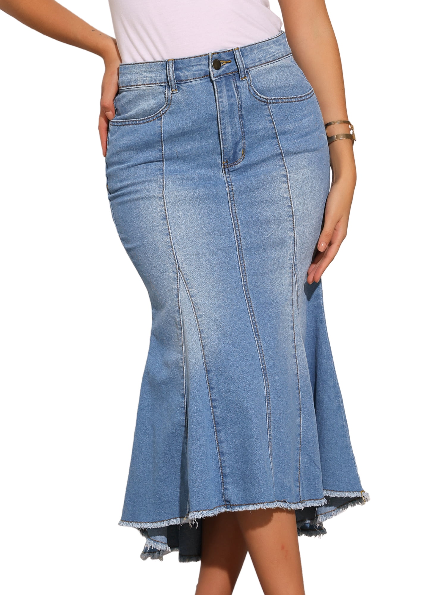 DARING DIVA Women's Raw Hem Fishtail Midi Skirt with Pockets XL Light Blue